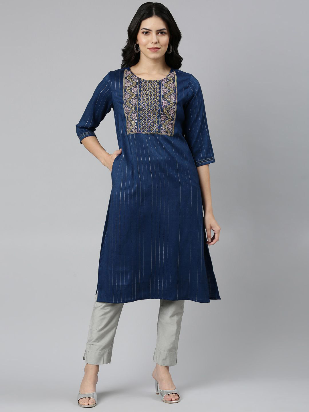 

Samhitas Striped Woven Design Thread Work Cotton Straight Kurta, Blue