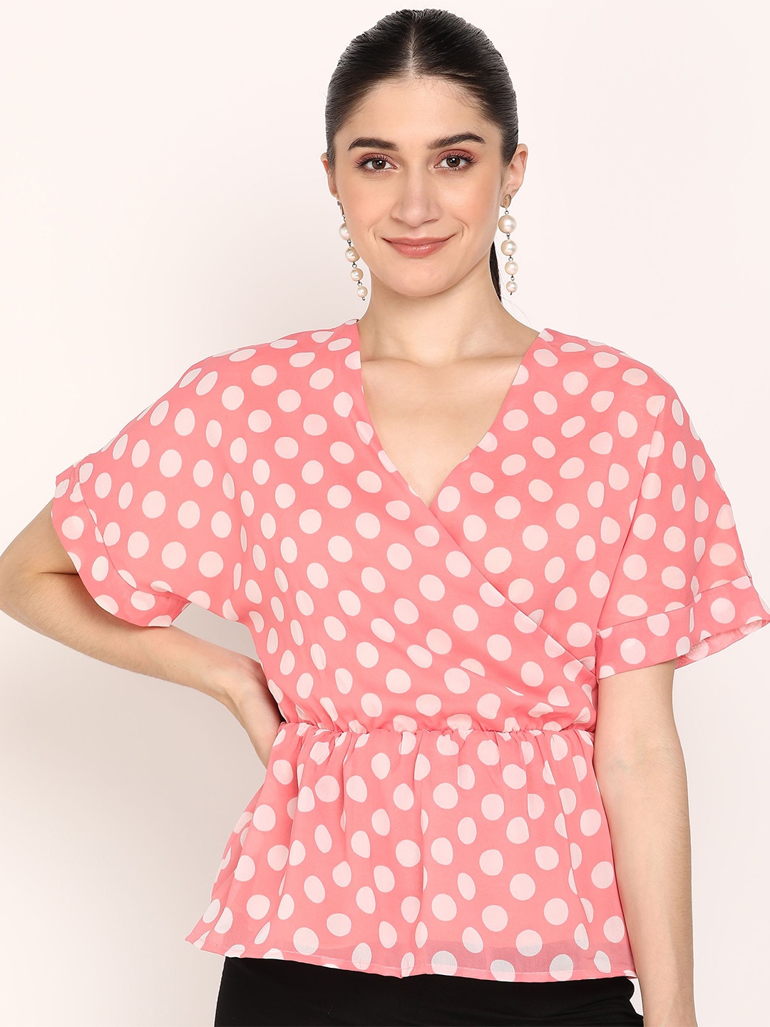 

MISS HAUTE Polka Dot Print Flared Sleeve Georgette Wrap Top, Pink