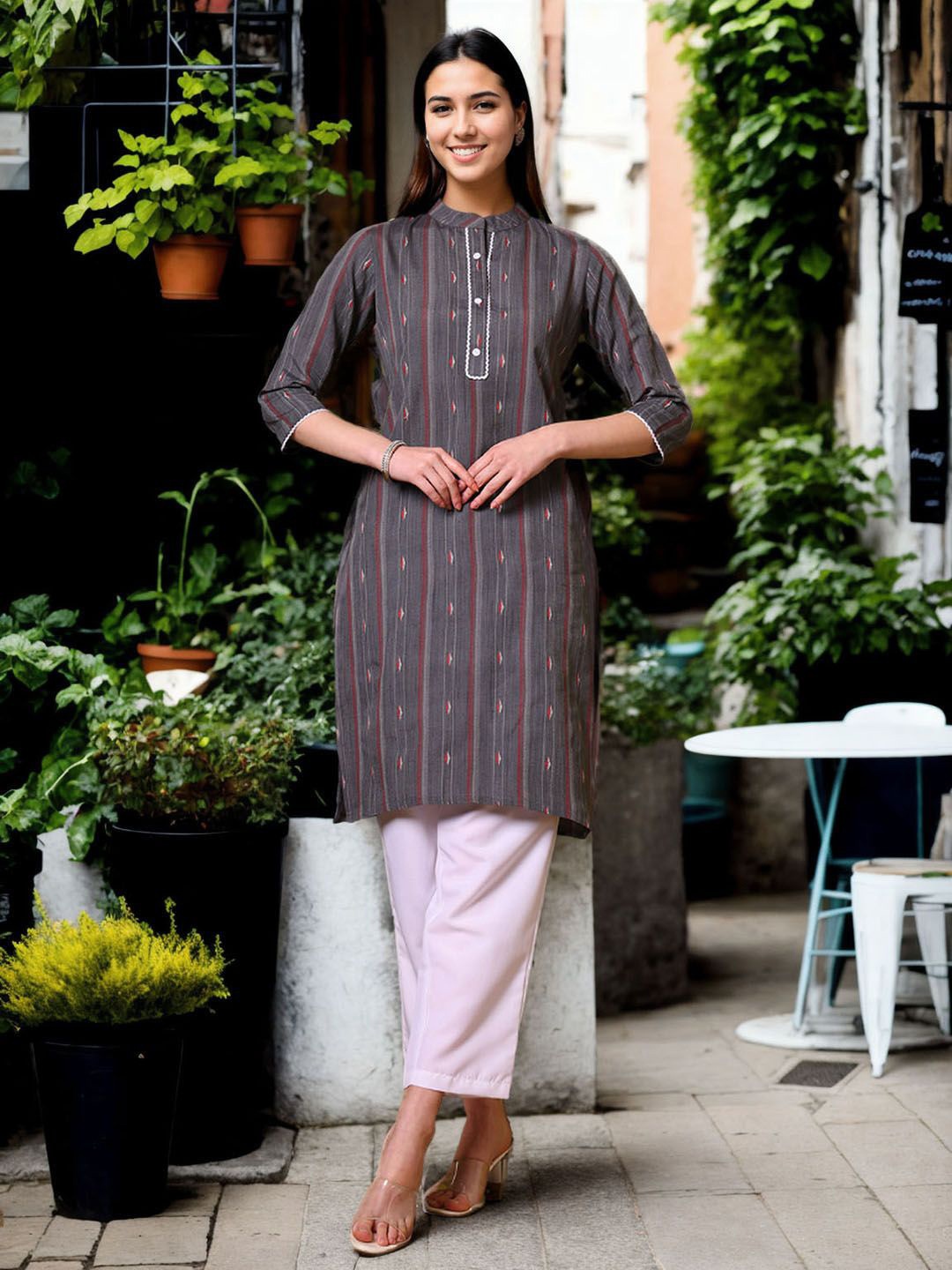 

Anouk Rustic Striped Mandarin Collar Straight Kurta, Grey