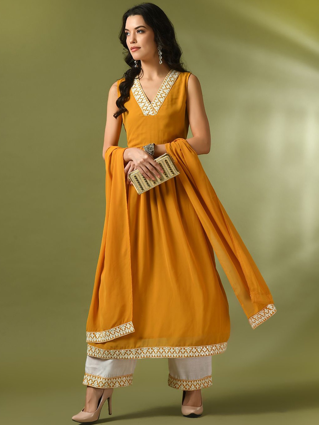 

KALINI Thread Work V-Neck Empire Kurta With Trousers & Dupatta, Mustard