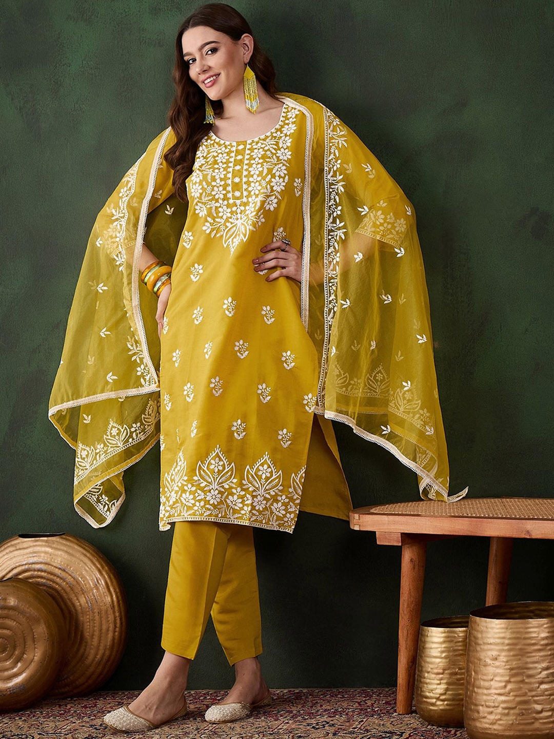 

Maroosh Floral Embroidered Round Neck Thread Work Straight Kurta With Trouser & Dupatta, Mustard