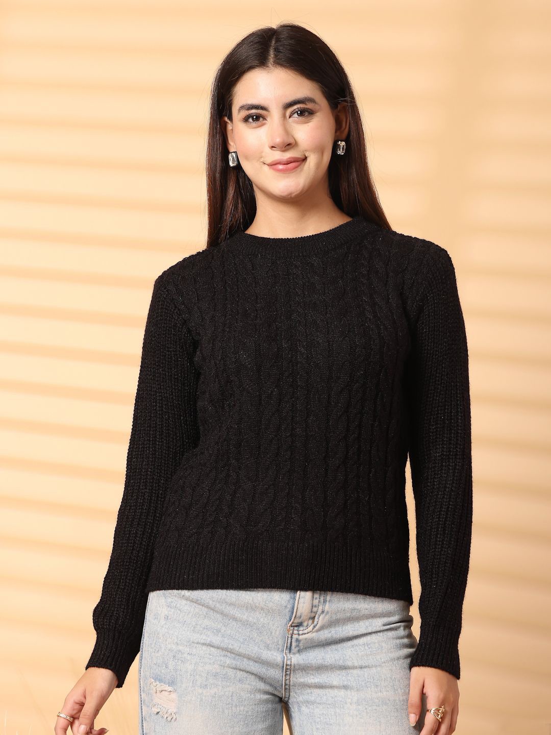 

all about you Women Self Design Woollen Sweater, Black
