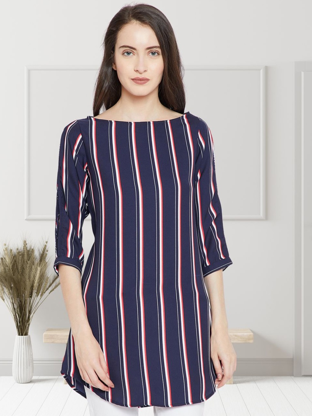 

DressBerry Striped Slit Sleeve Crepe Top, Blue