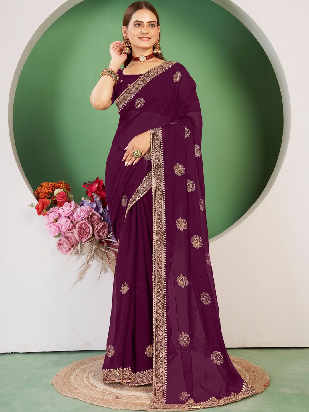 

DIVASTRI Embellished Embroidered Poly Chiffon Designer Saree, Purple