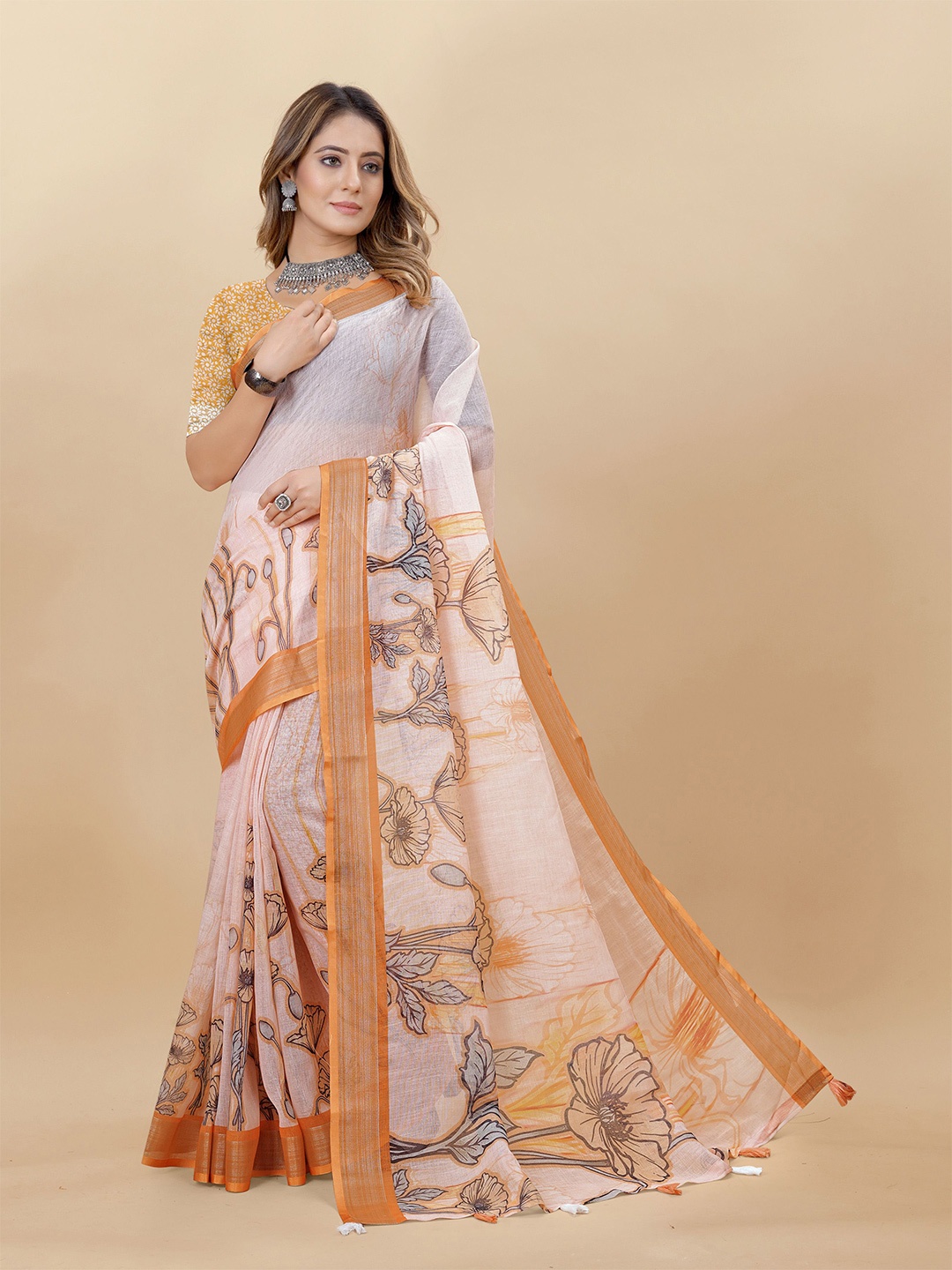 

Anouk Ethnic Motifs Zari Linen Saree, Off white
