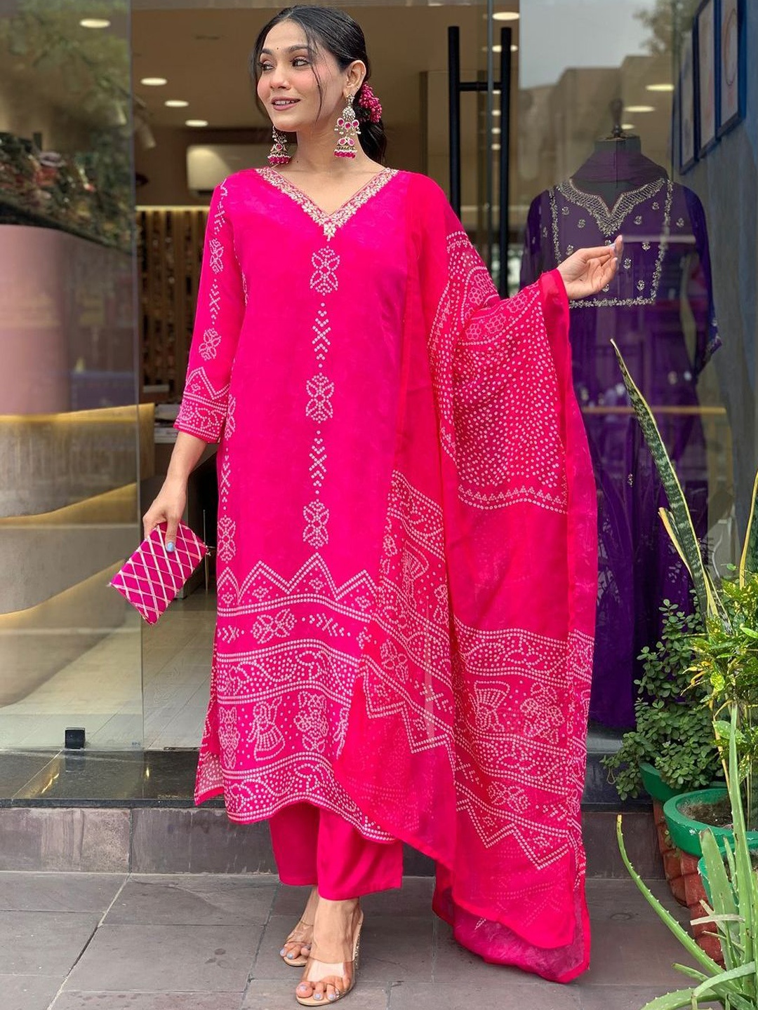 

Lilots Bandhani Printed Straight Crepe Kurta with Trousers & Dupatta, Pink