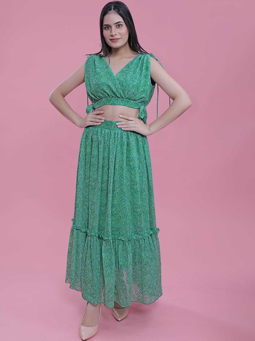 

French Theory Printed Flared Maxi Skirts, Green