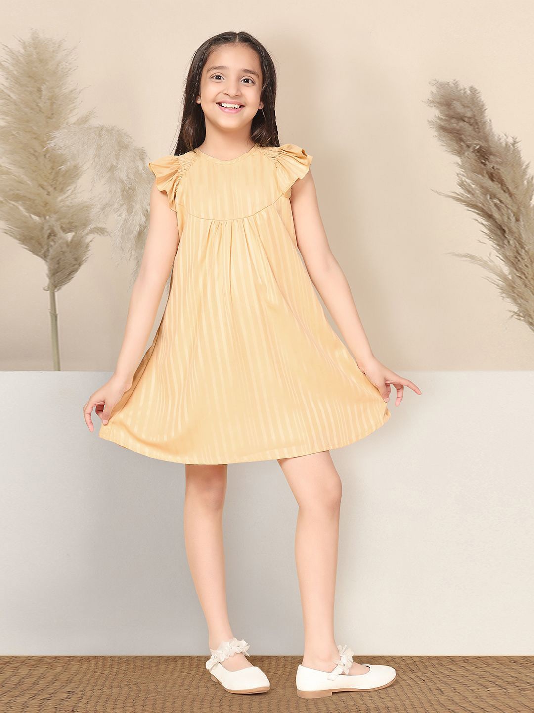 

YK Striped Girls Stripped Flutter Sleeve A-Line Above Knee Dress, Beige