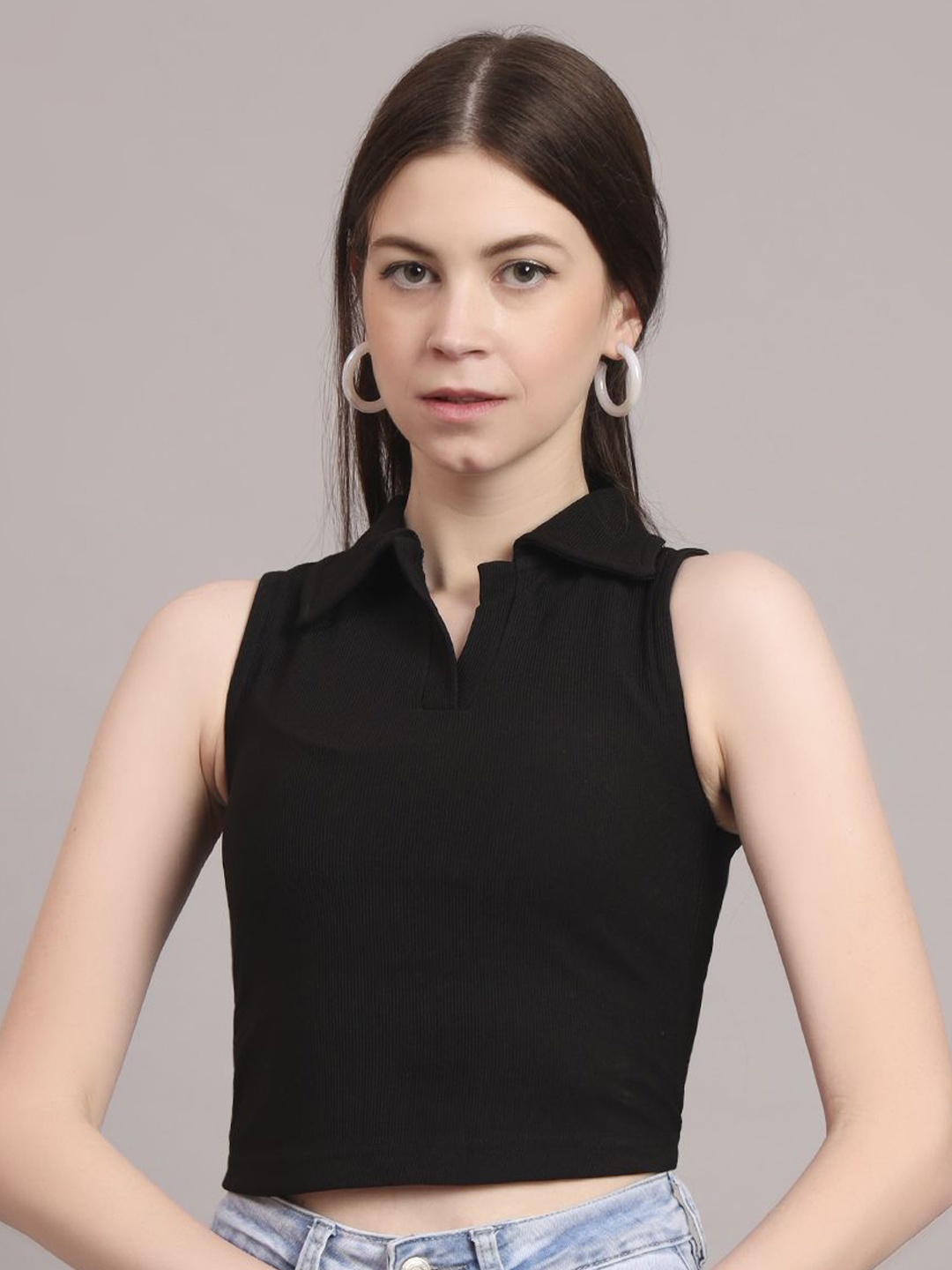 

DressBerry Women Shirt Collar Crop Fitted Top, Black