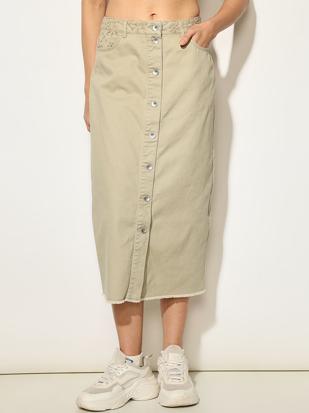 

ONLY Embroidered Pencil Midi Skirt, Olive
