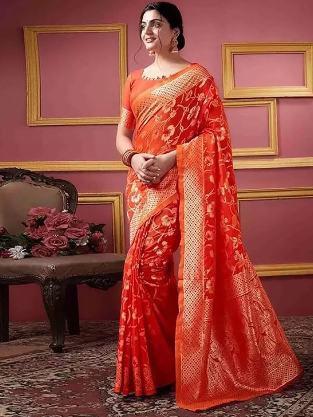 

KALINI Woven Design Printed Zari Pure Silk Kanjeevaram Saree, Orange
