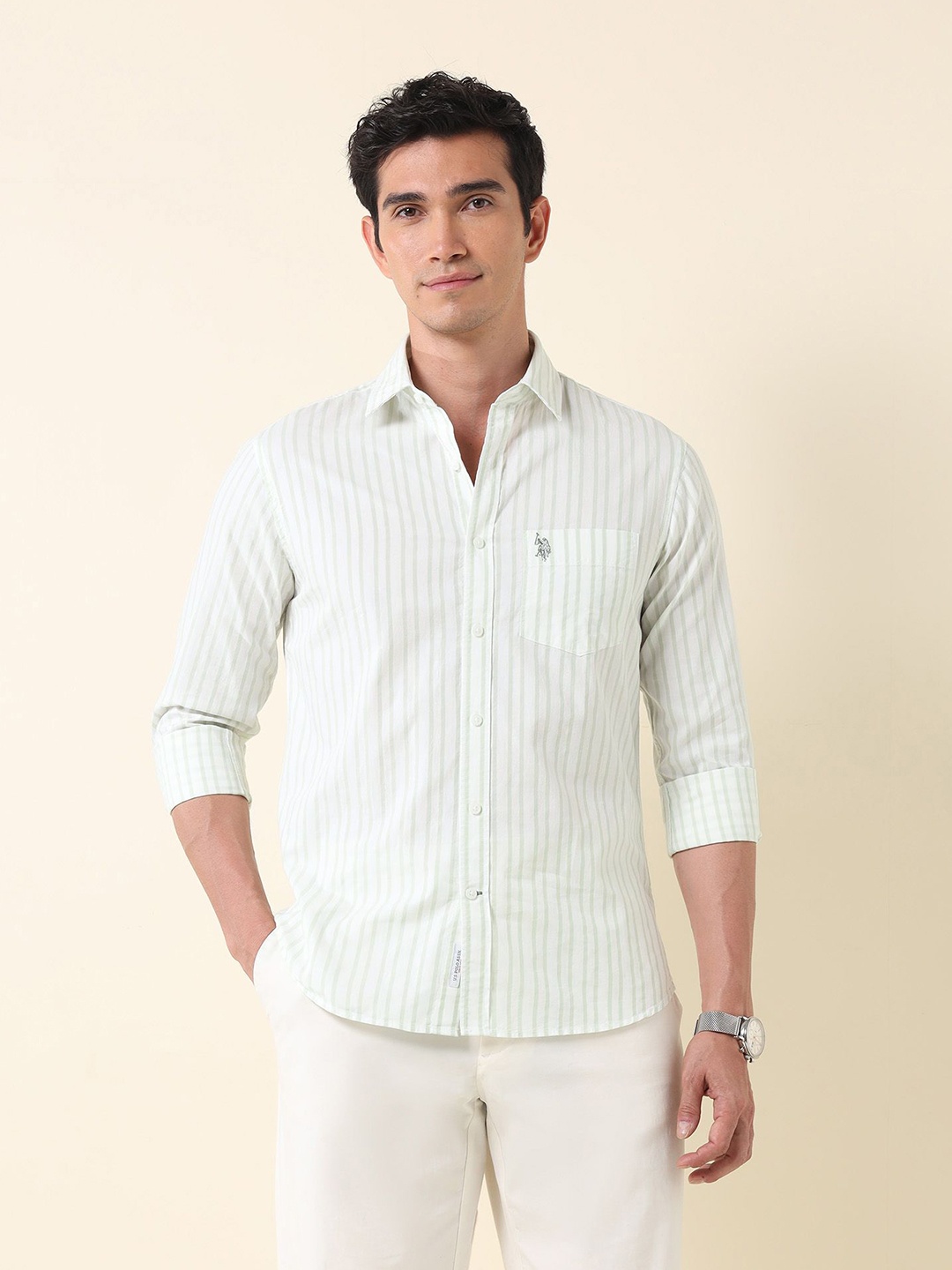

U.S. Polo Assn. Men Tailored Fit Opaque Striped Casual Shirt, Green