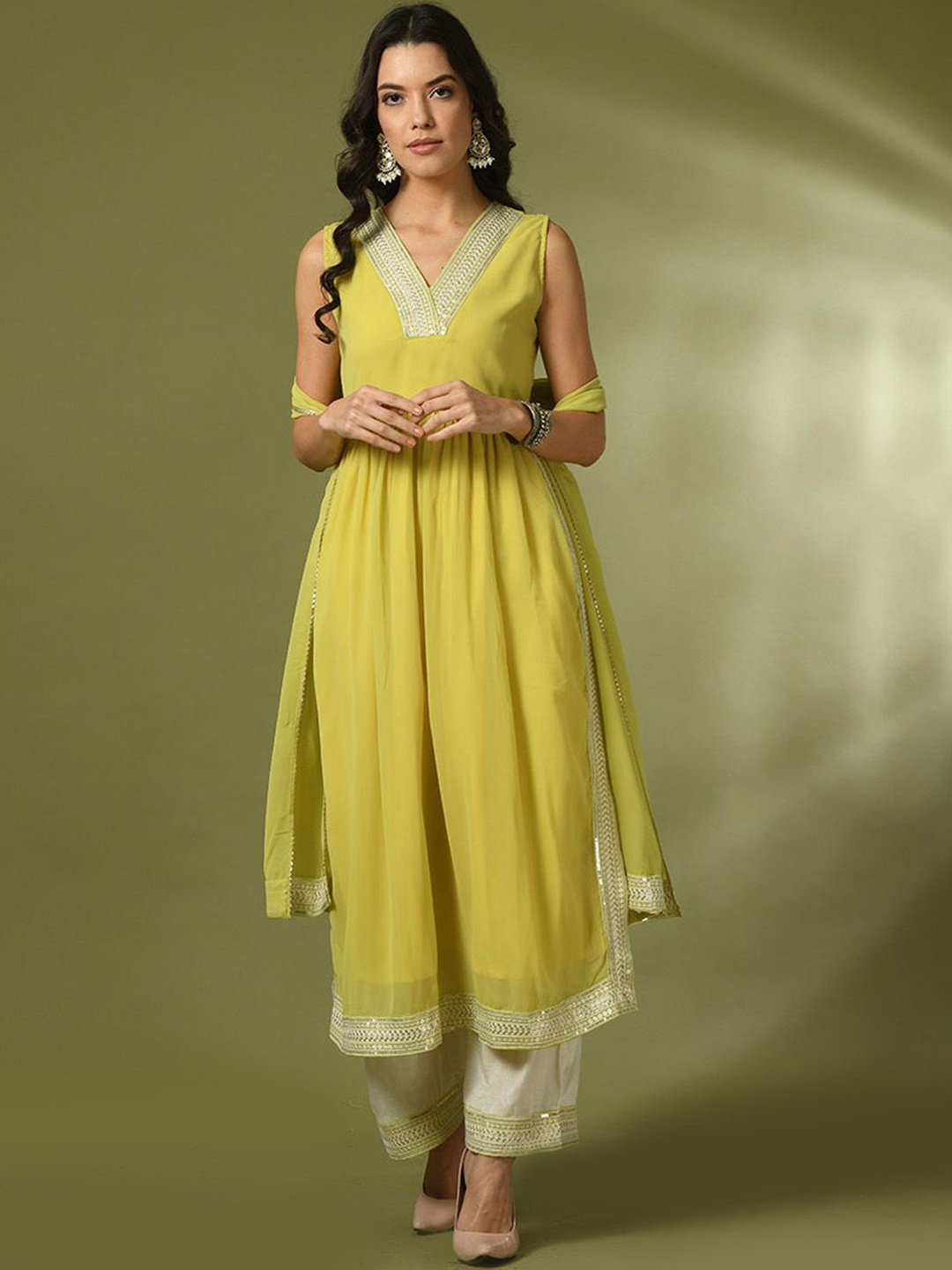 

KALINI V Neck Pleated A Line Georgette Kurta With Trousers & Dupatta, Yellow