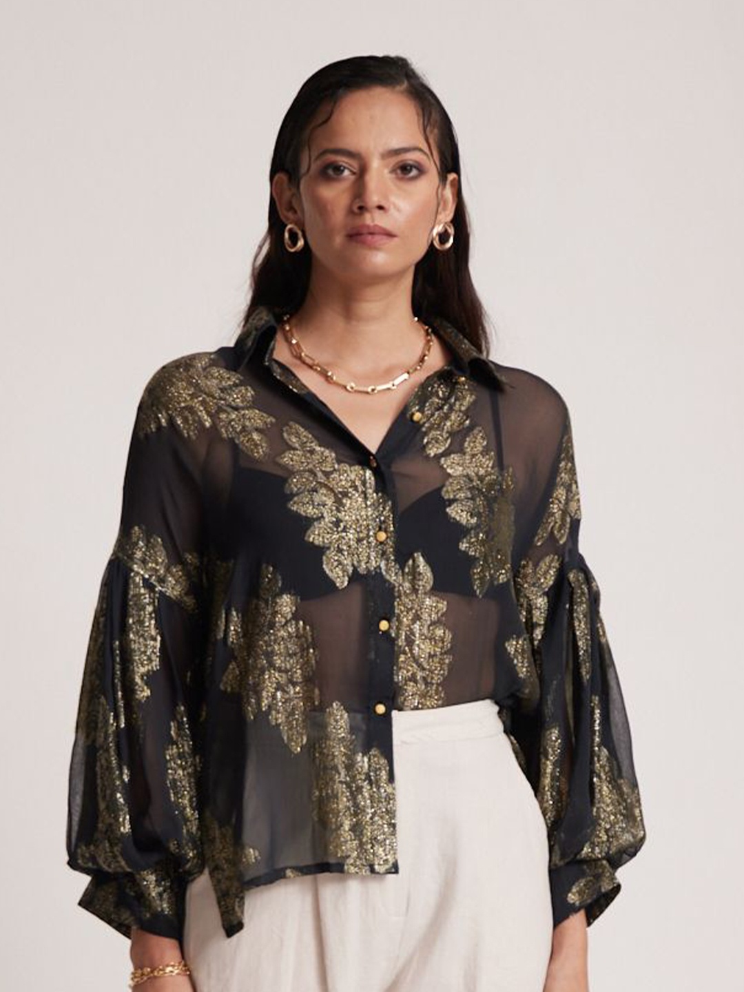 

Western Era Floral Print Flared Sleeve Cotton Shirt Style Top, Black