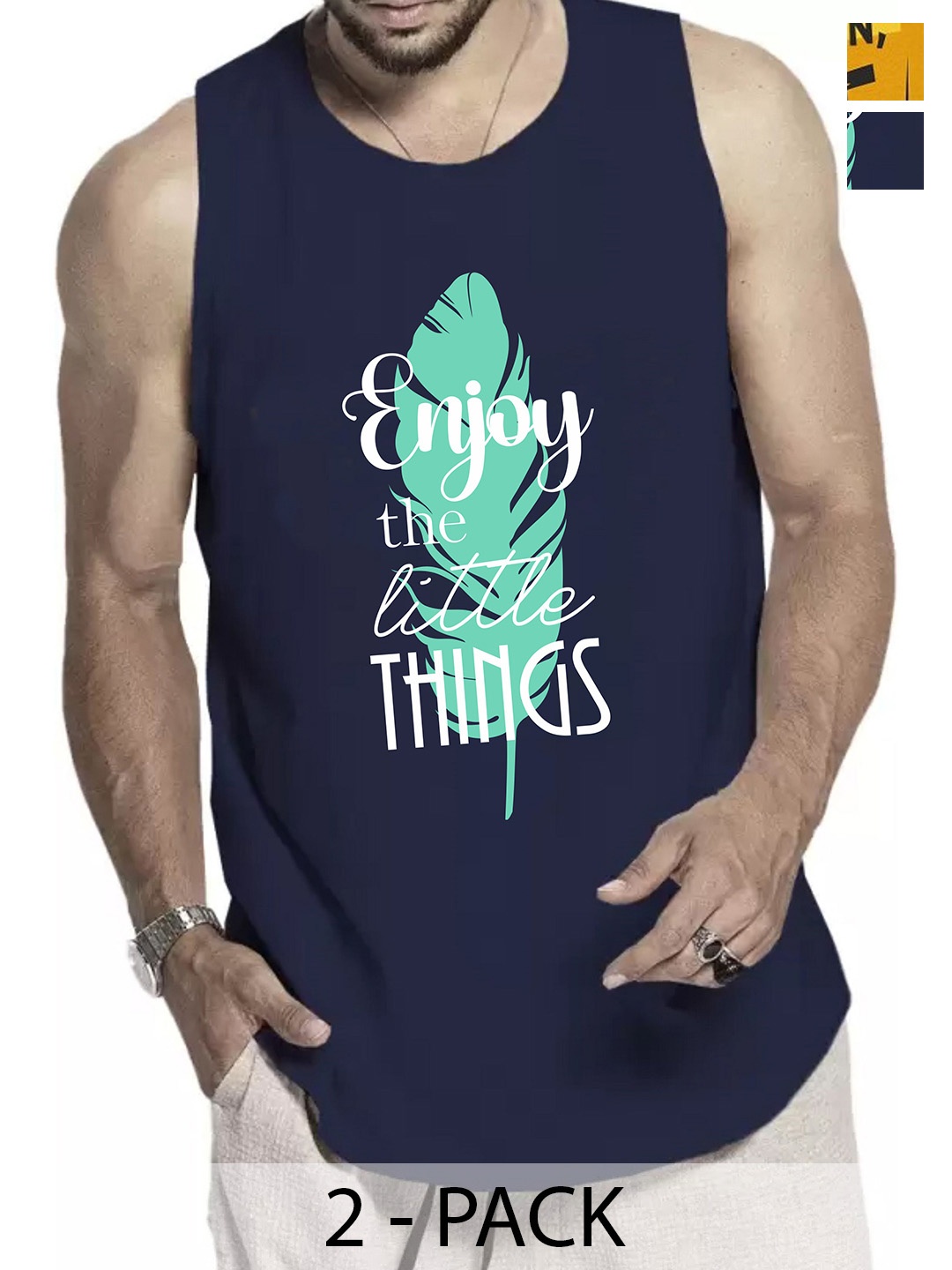 

WOOSTRO Pack Of 2 Printed Cotton Innerwear Vests RS26 (ENJOY NAVY)(MORE MUSTARD), Navy blue