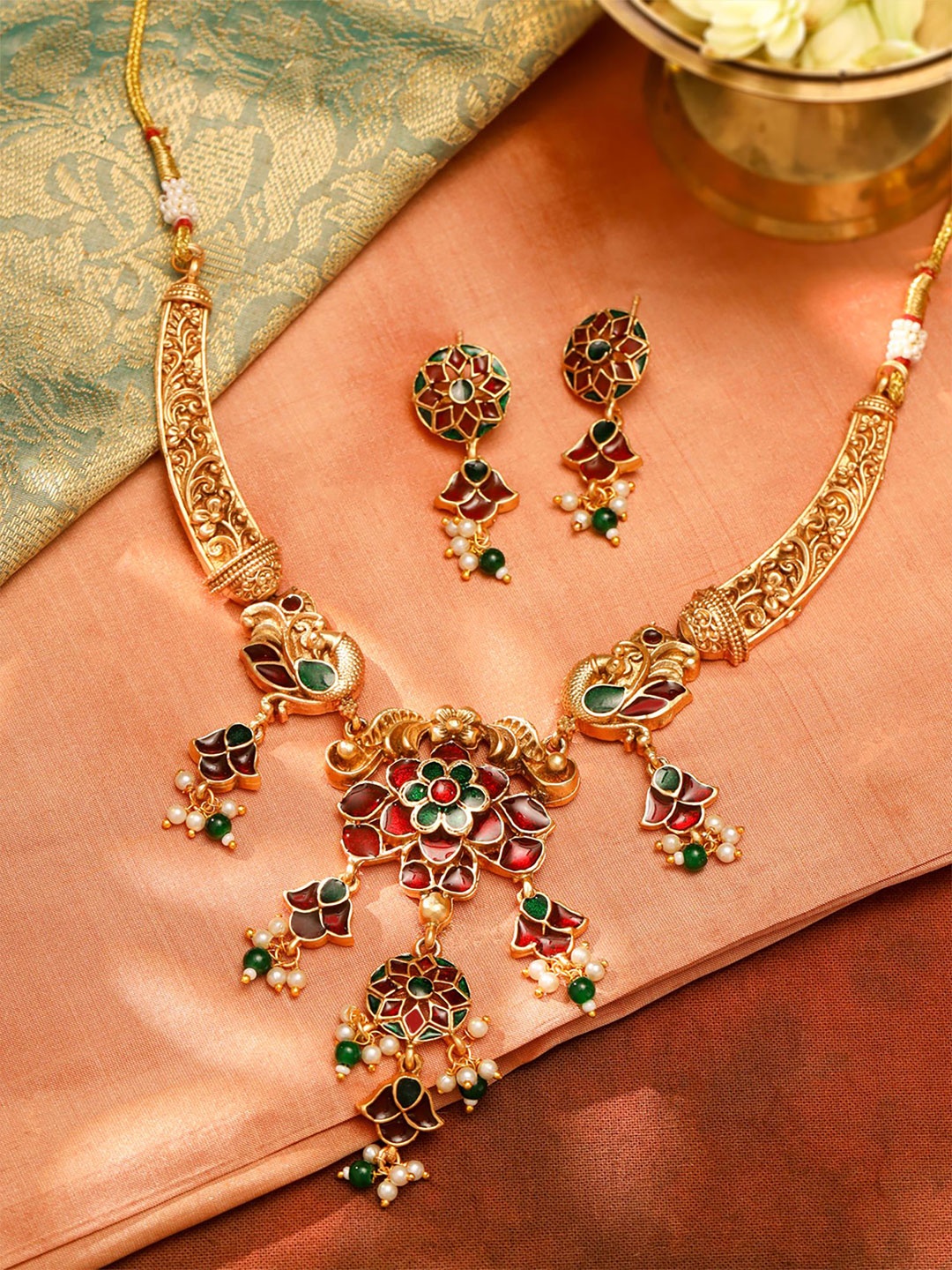 

Yellow Chimes Gold Plated Stone Studded & Beaded Meenakari Worked Jewellery Set