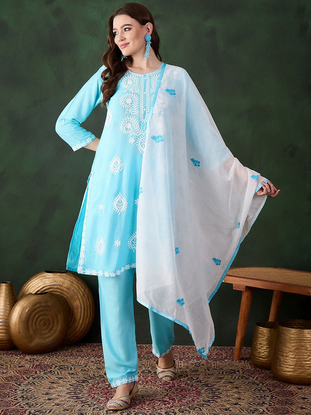 

Maroosh Floral Embroidered Round Neck Thread Work Kurta With Trousers & Dupatta, Blue