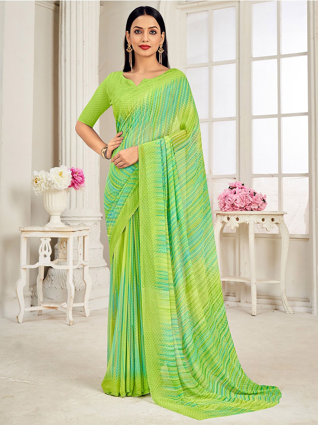

Anouk Rustic Pure Georgette Striped Printed Dabu Saree, Green