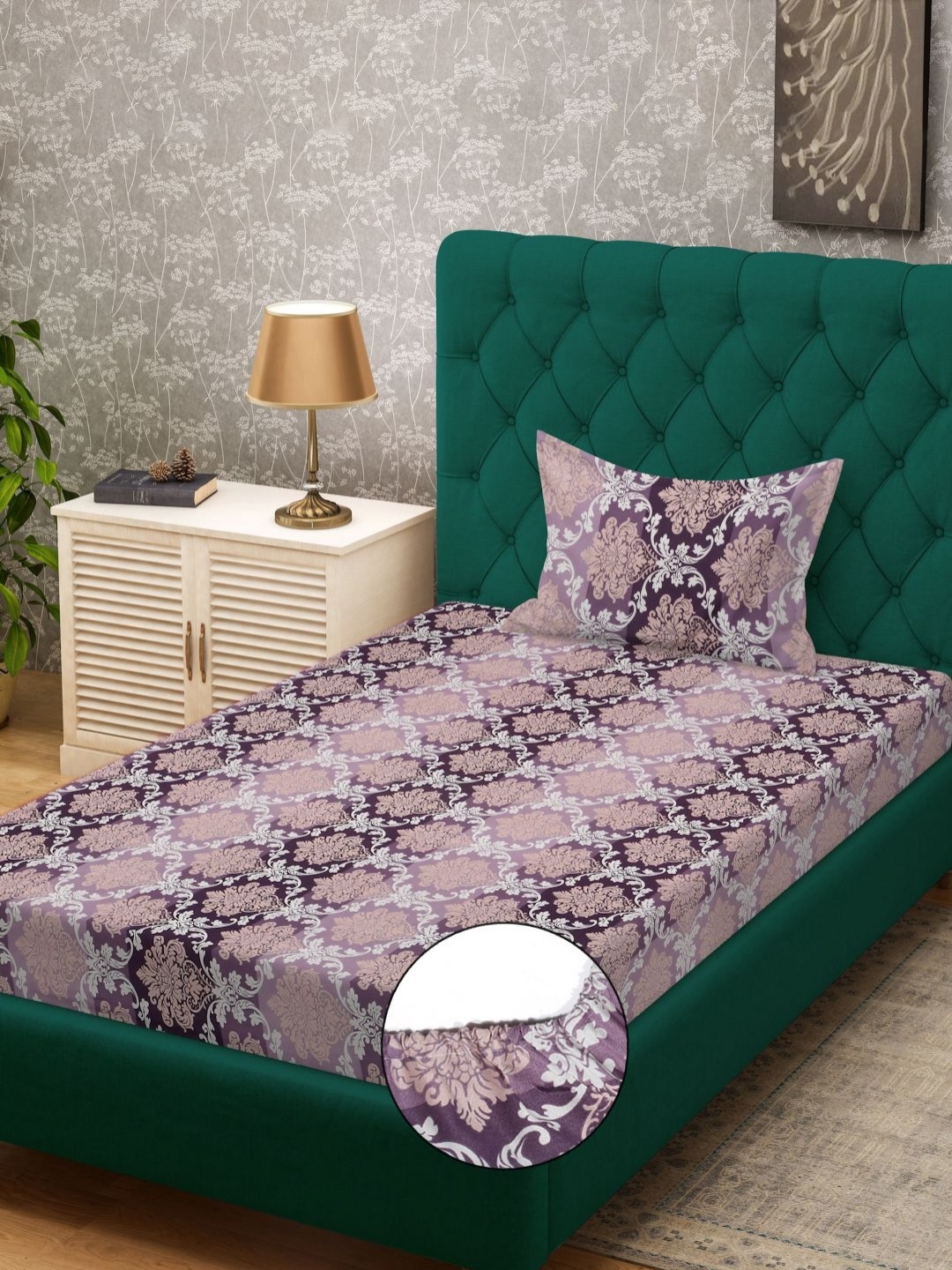 

KLOTTHE Purple & Beige Ethnic Motifs Fitted 300 TC Single Bedsheet With Pillow Cover