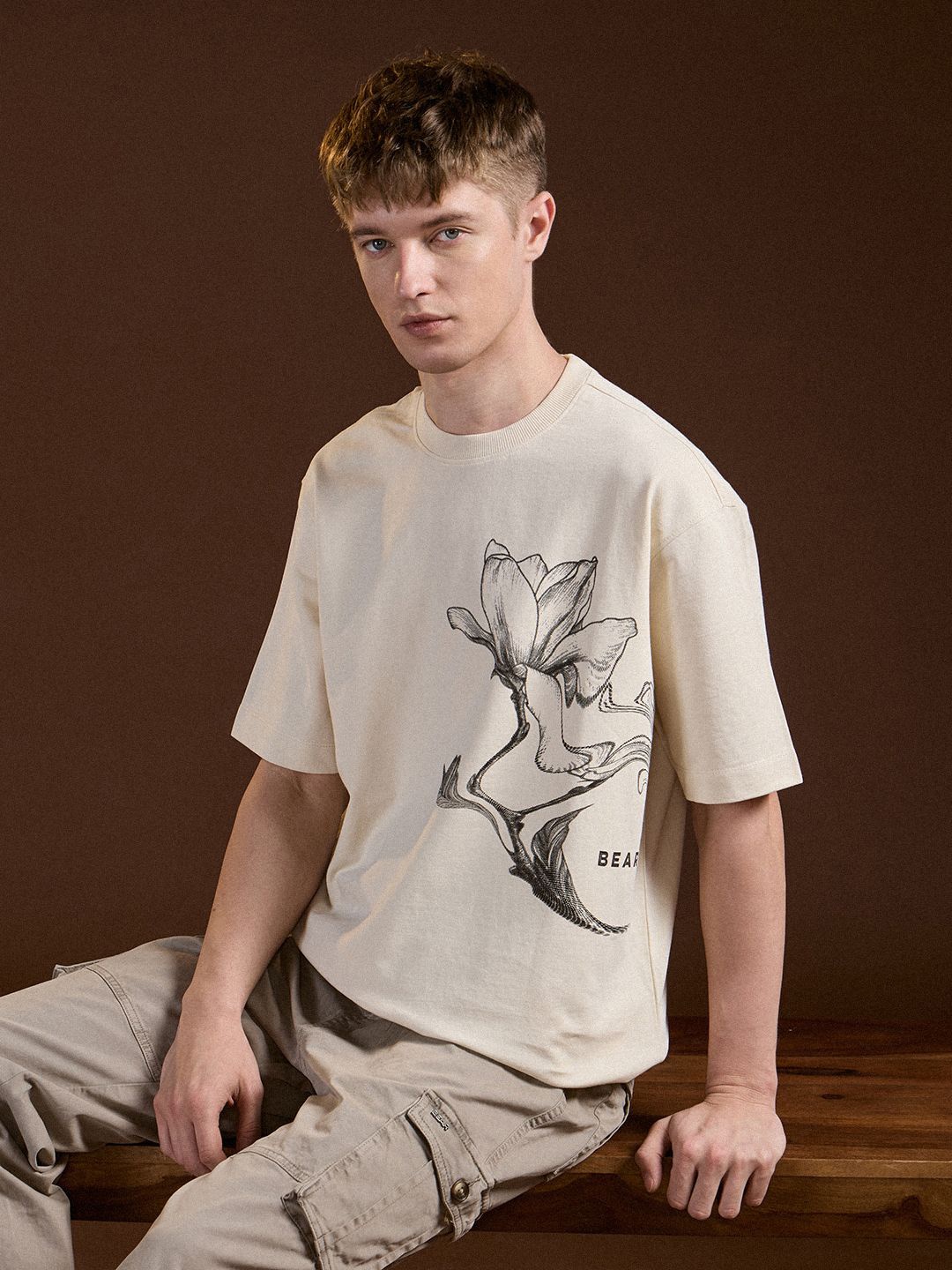 

THE BEAR HOUSE Men Floral Printed Round Neck Cotton Oversized Fit T-shirt, Cream