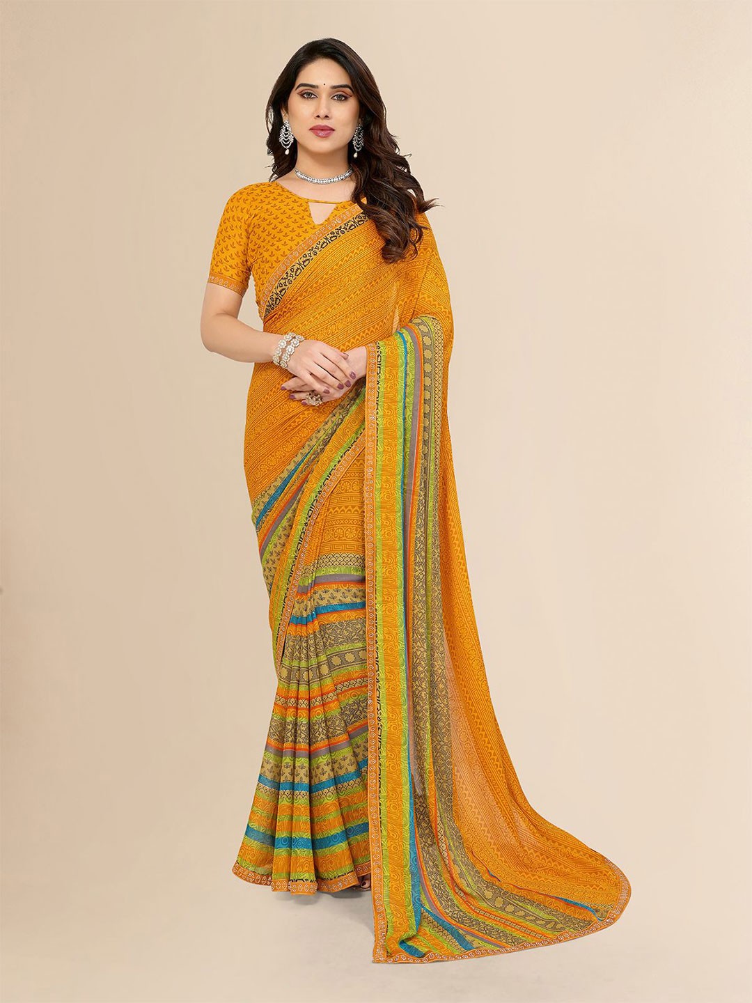 

Moda Rapido Lace Border Printed Saree With Blouse Piece, Yellow