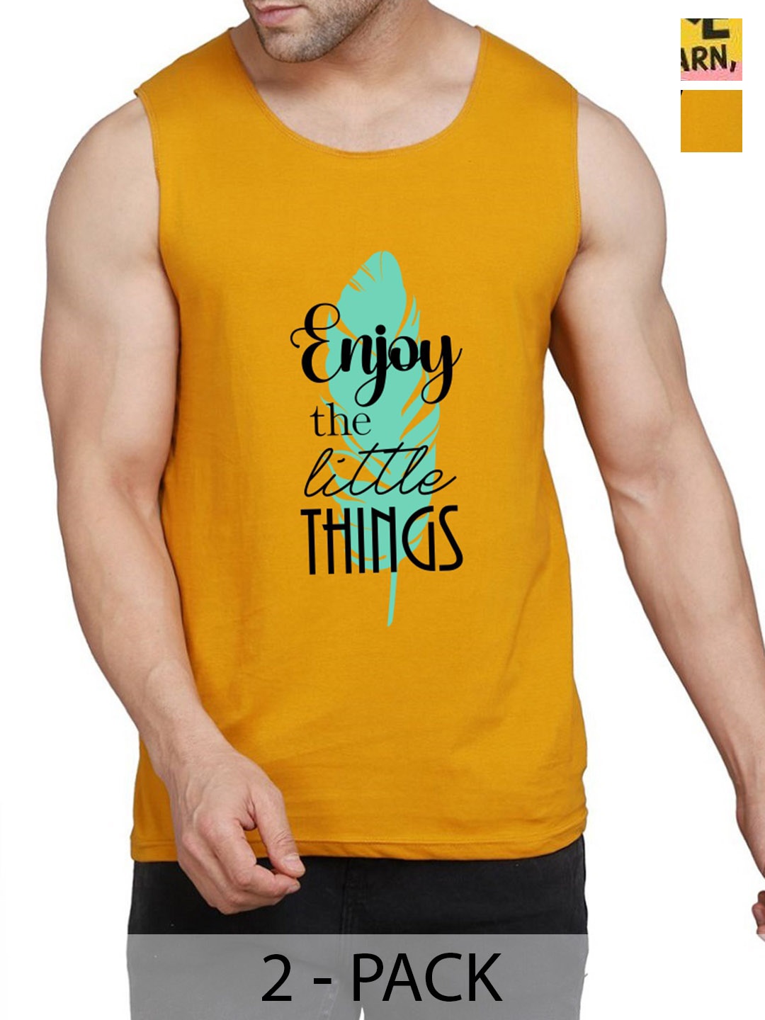 

WOOSTRO Pack Of 2 Cotton Printed Gym Vests, Mustard