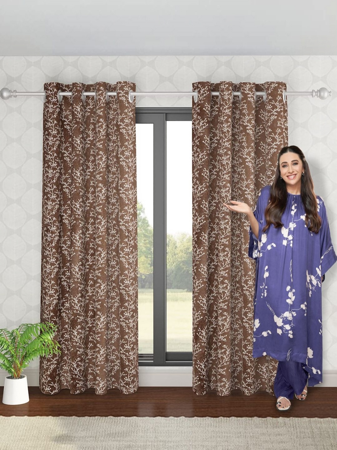 

HOKIPO Brown & White 2 PiecesFloral Printed Room Darkening Window Curtains
