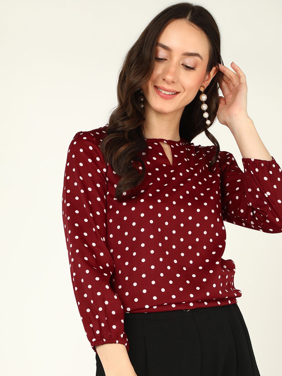 

MISS HAUTE Polka Dot Print Tie-Up Neck Crepe Top, Maroon