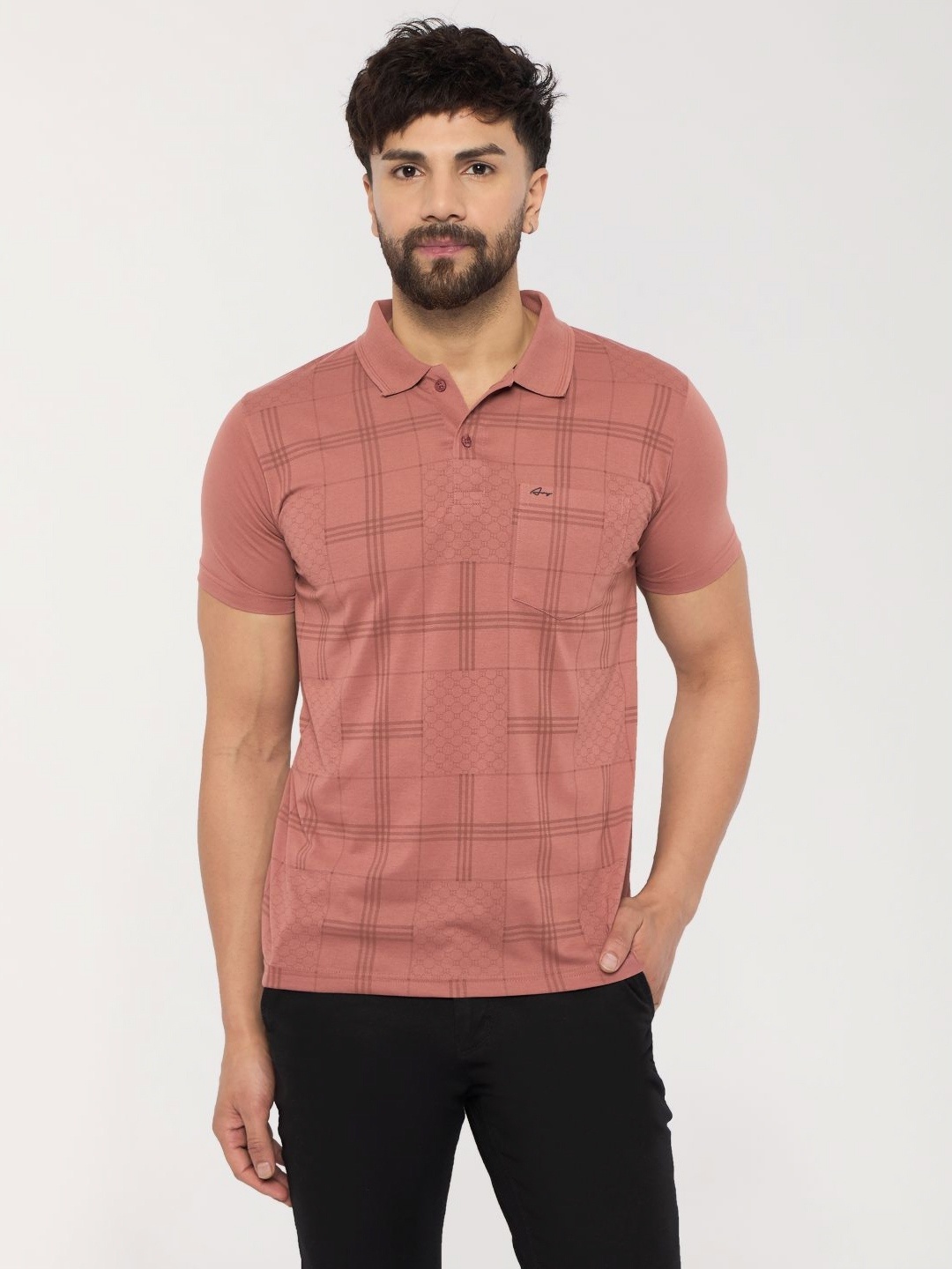 

ARRAY Men Checked Polo Collar Cotton Slim Fit T-shirt, Peach
