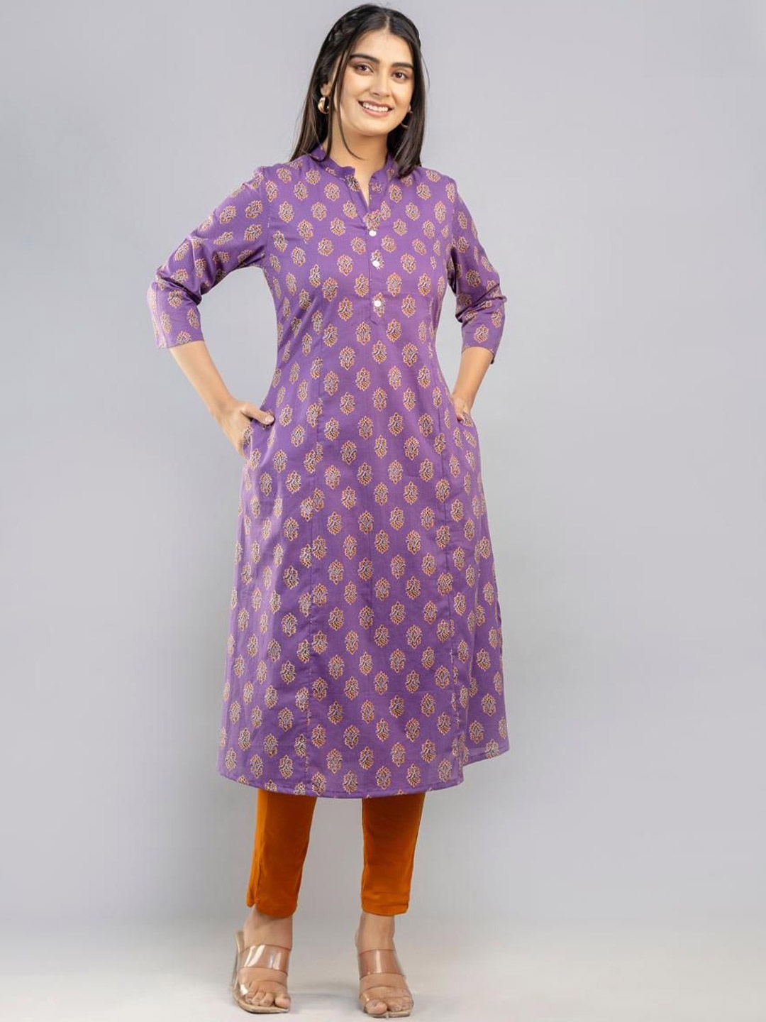 

krambica Floral Printed Mandarin Collar Pure Cotton A-Line Kurta, Purple