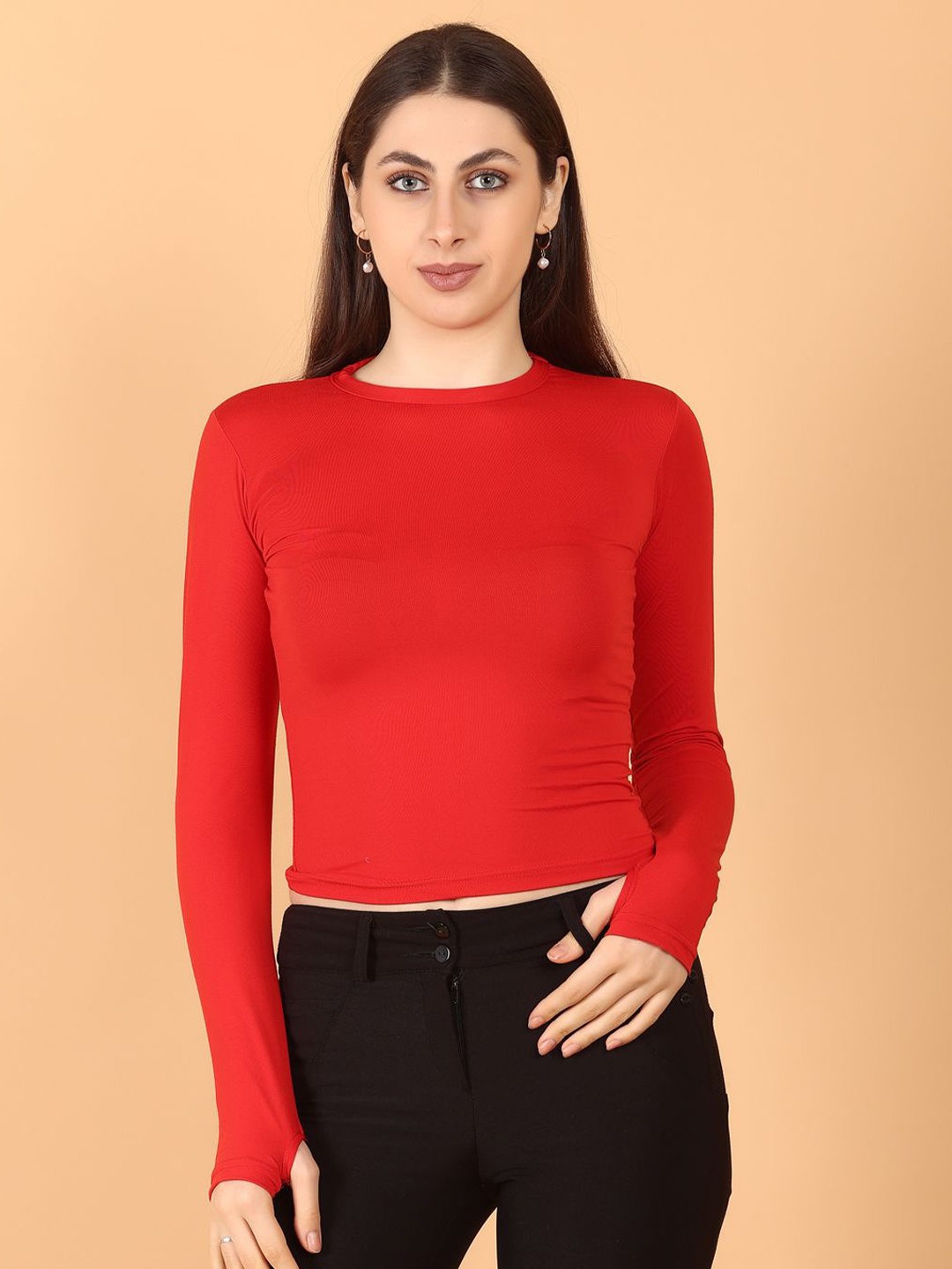 

SIGHTBOMB Women Round Neck Fitted Top, Red