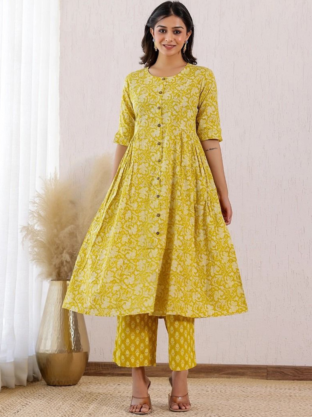 

Vivika Floral Printed Pure Cotton Kurta With Trouser, Yellow
