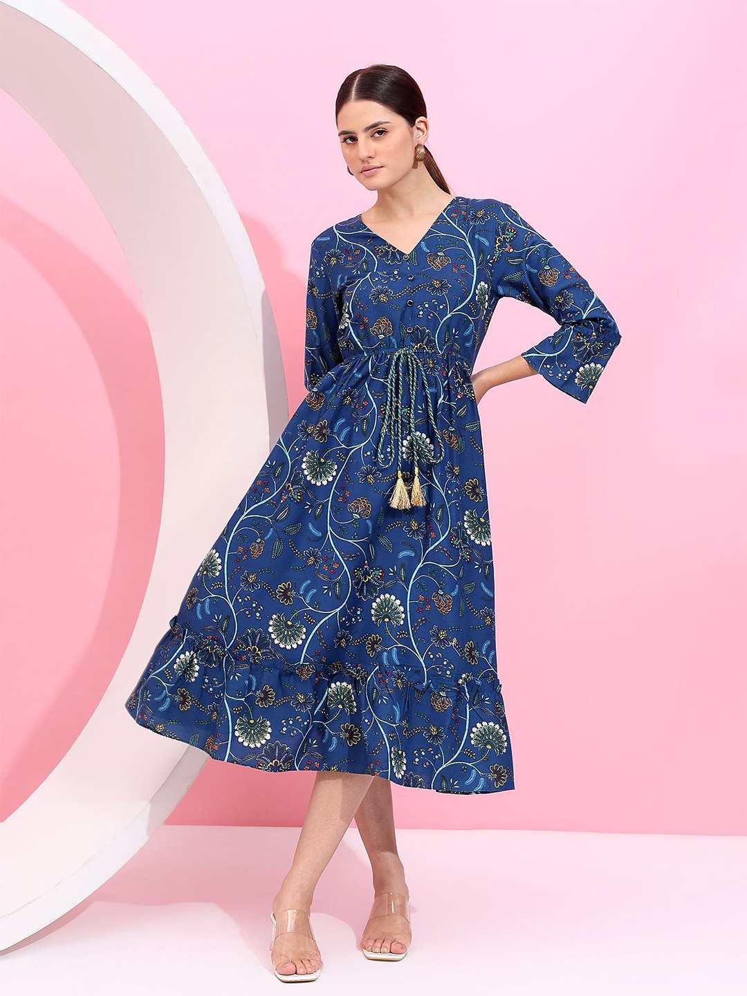 

Fbella Floral Print Tie-Ups Detail Fit & Flare Midi Dress, Blue