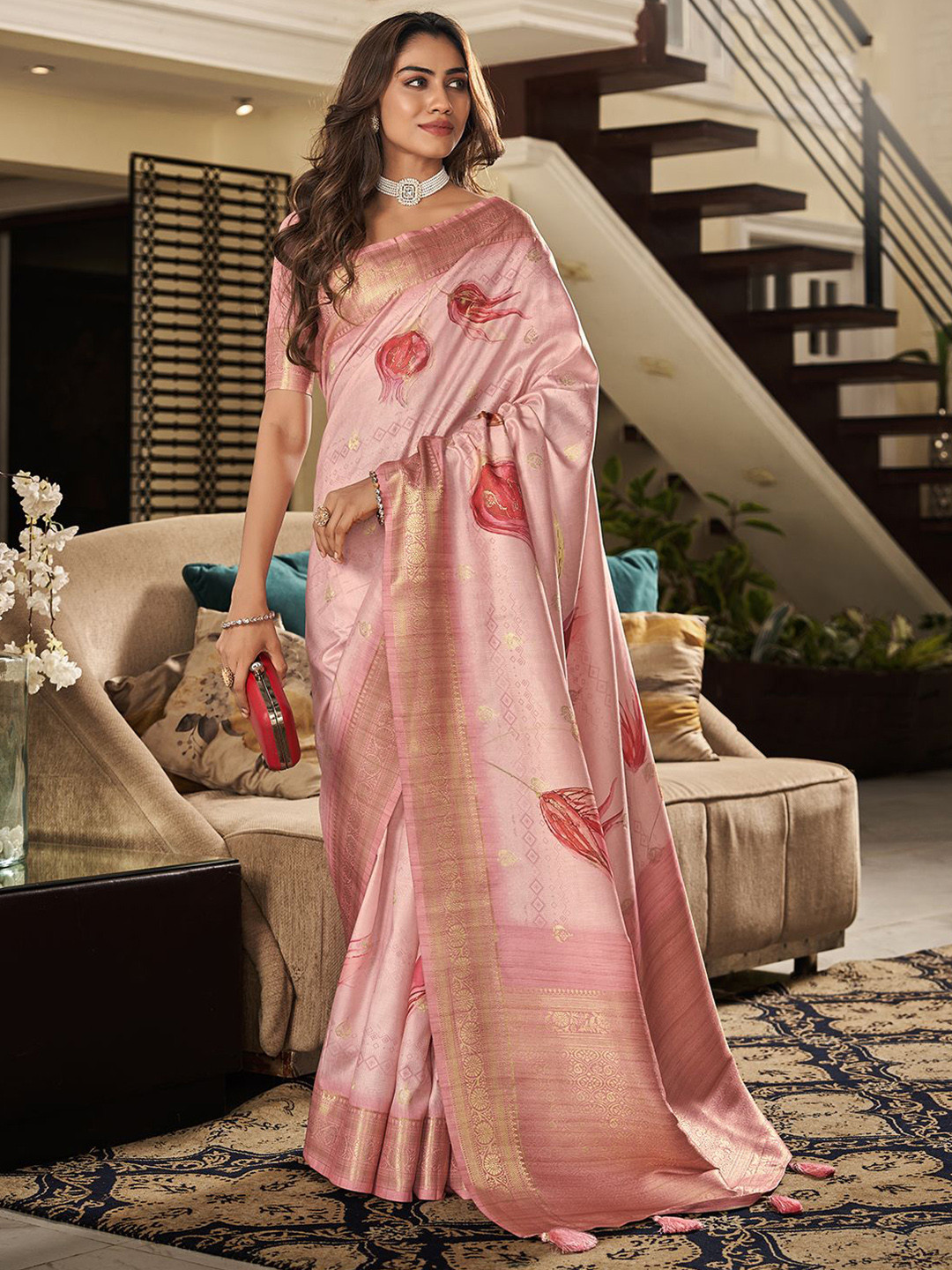 

DIVASTRI Floral Zari Saree, Pink