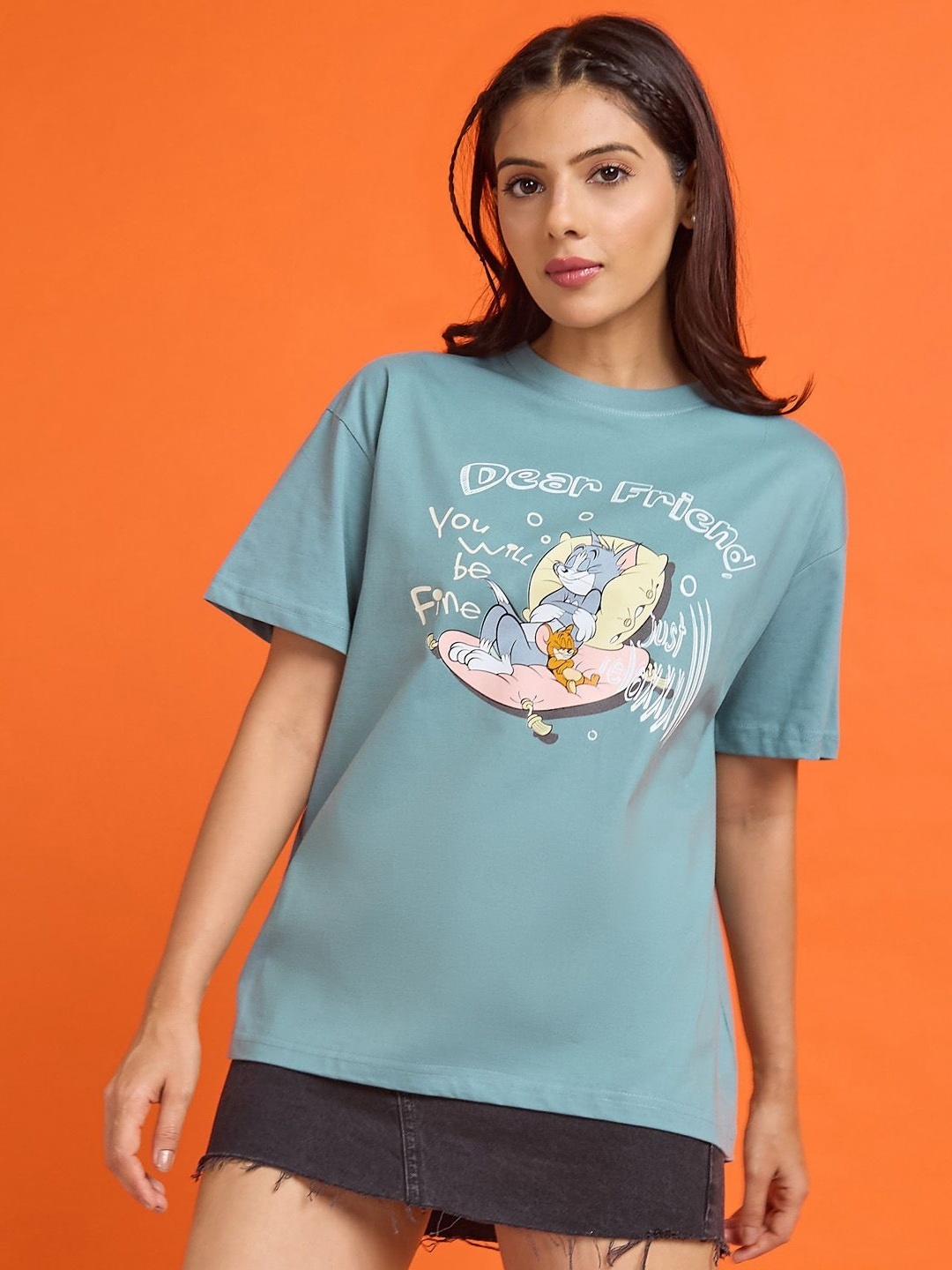 

Kook N Keech Toons Women Tom & Jerry Graphic Printed Cotton Relaxed Fit T-shirt, Sea green