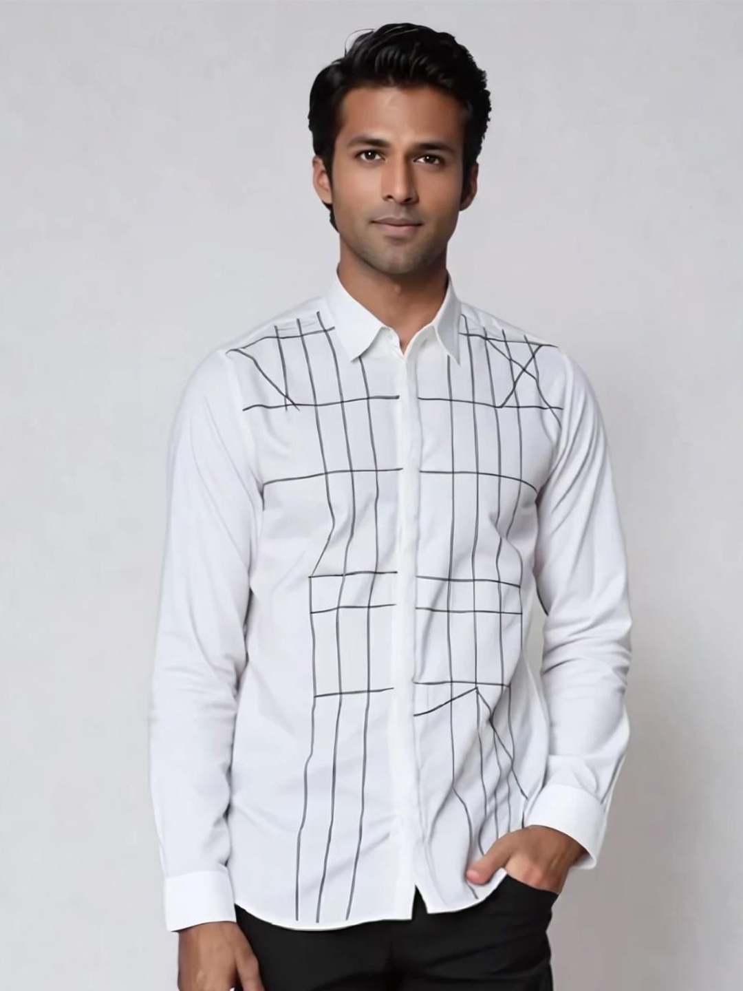 

HE SPOKE Men Smart Tailored Fit Opaque Checked Casual Shirt, White