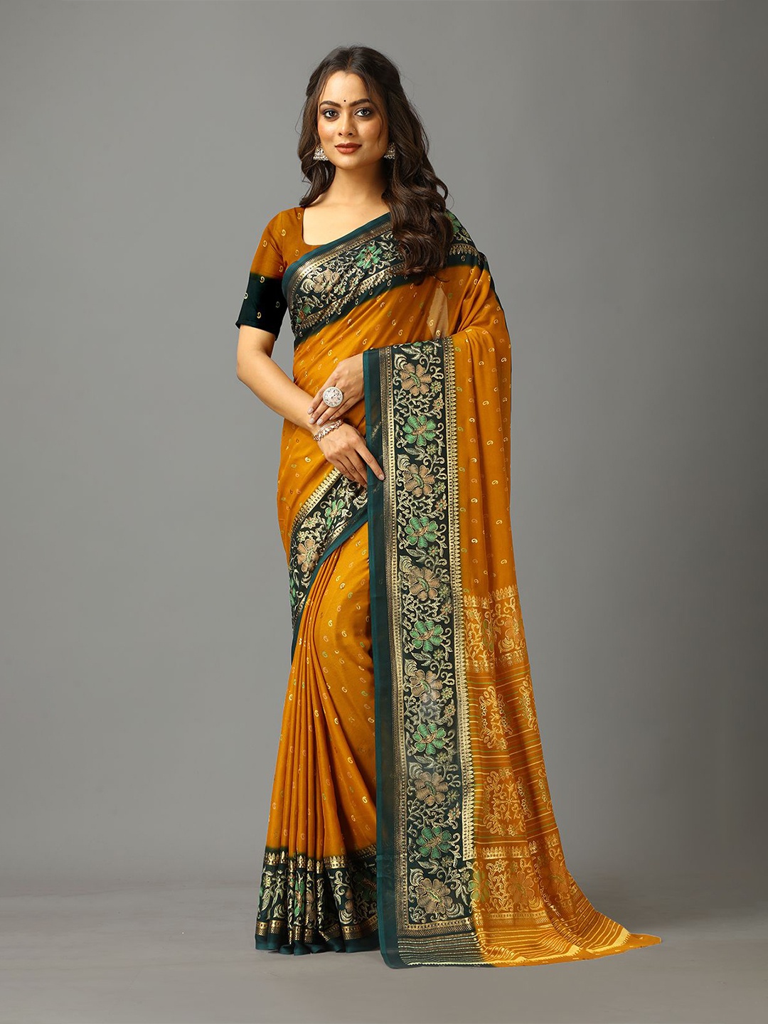 

VIRENDRA TEXTILES Ethnic Motifs Printed Woven Design Zari Pure Crepe Saree, Yellow