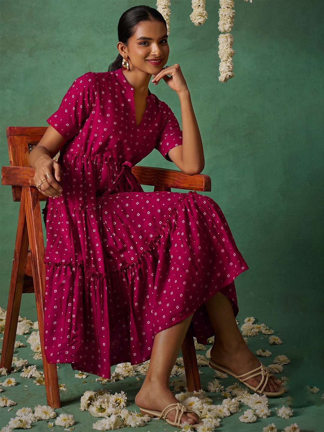

FLOWERVELLY Women Ethnic Motifs Printed Tiered Fit & Flare Dress, Pink