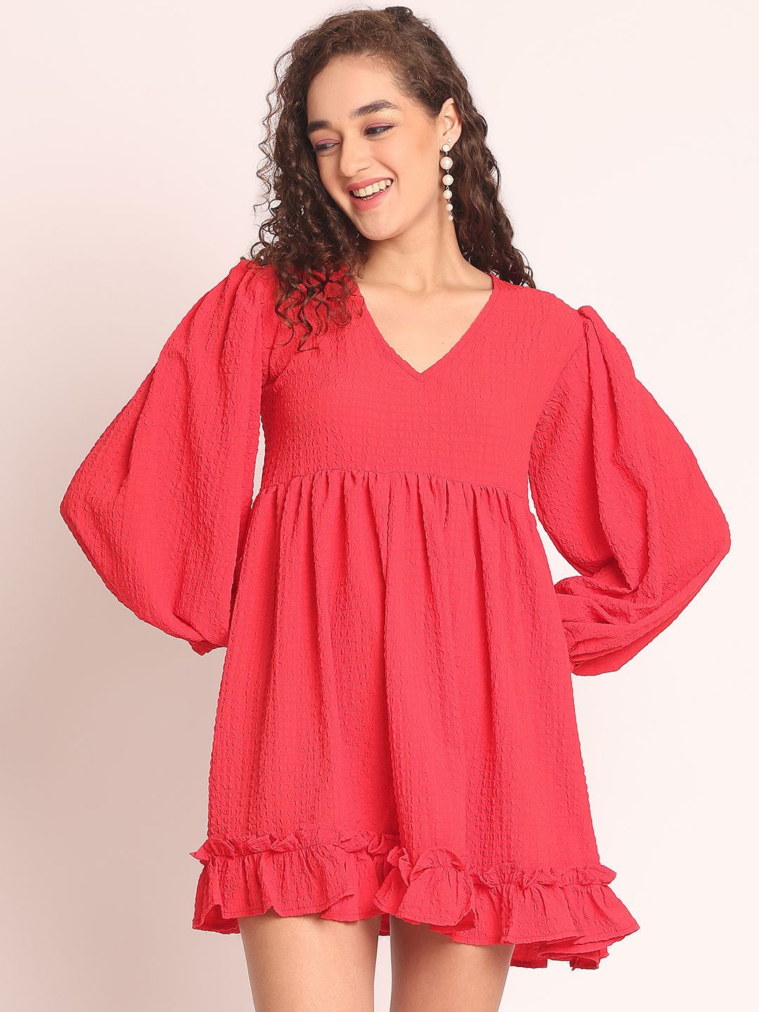 

EROTISSCH Puff Sleeve Linen Empire Erotissch Mini Dress, Red