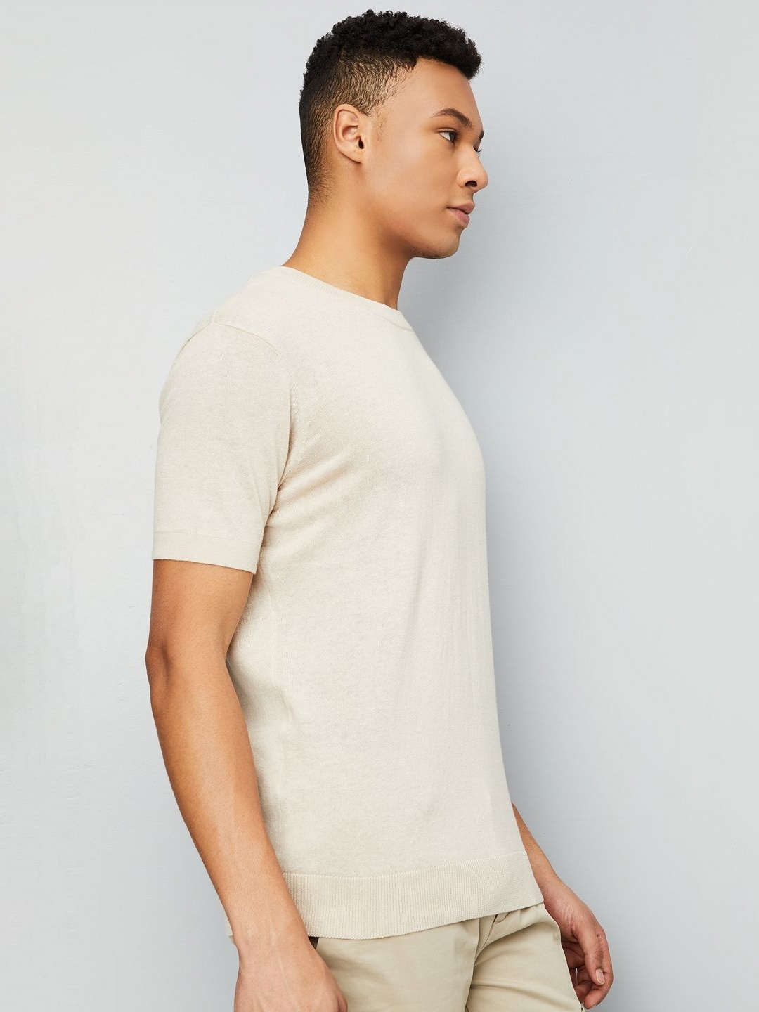 

max Men Solid Round Neck Cotton Slim Fit T-shirt, Beige