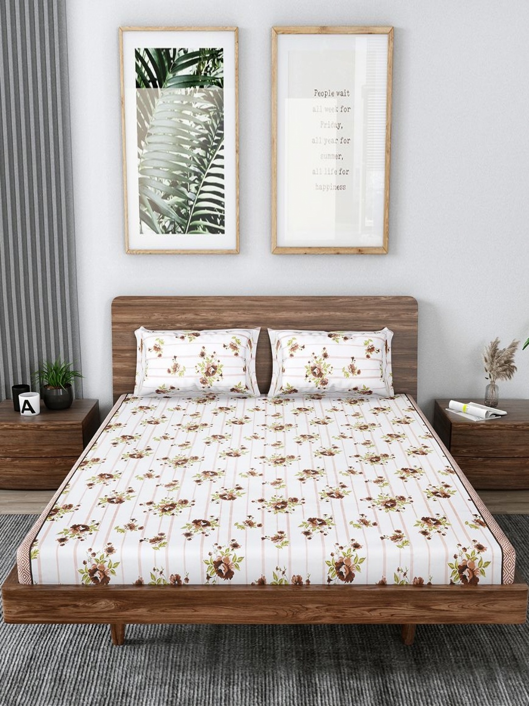 

MAFATLAL White & Brown Floral 186 TC King Bedsheet with 2 Pillow Covers