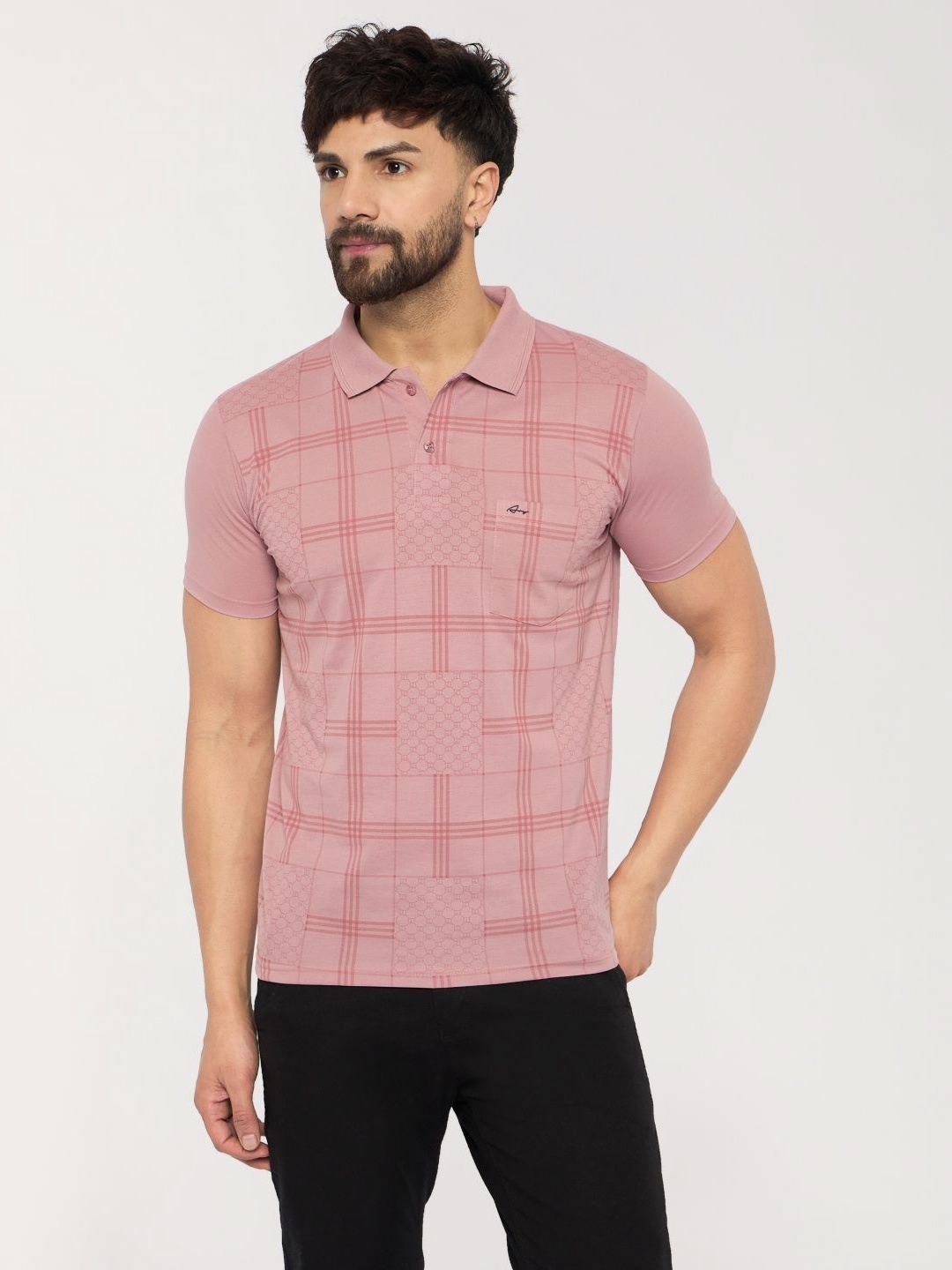 

ARRAY Men Checked Polo Collar Cotton Slim Fit T-shirt, Pink