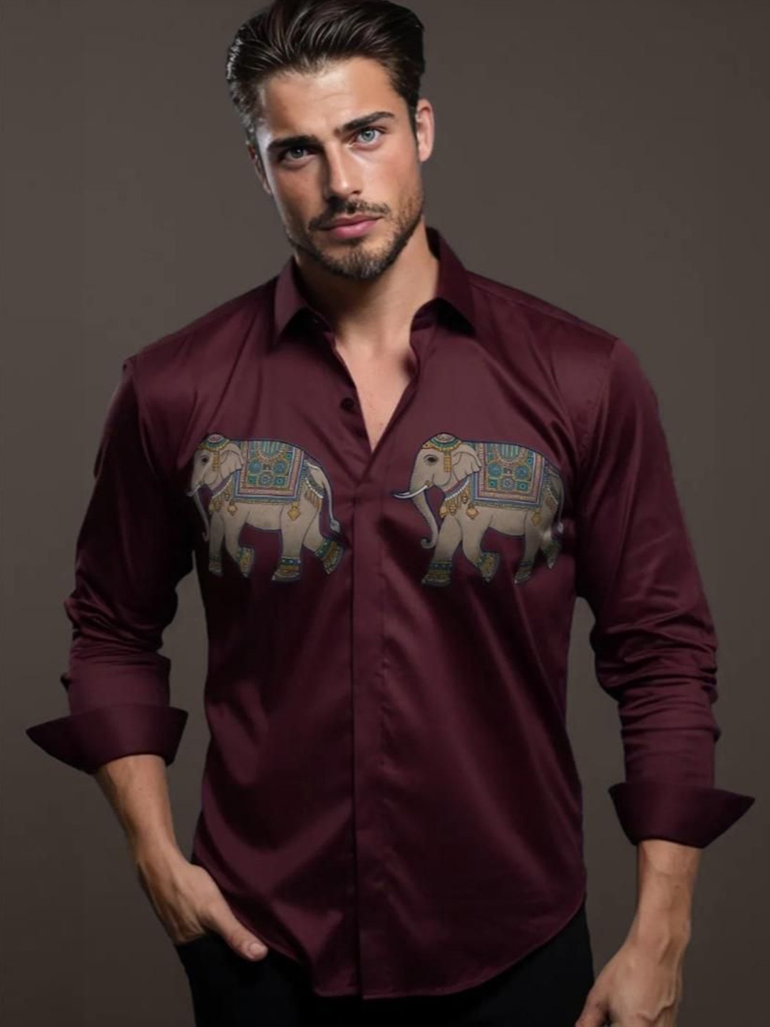

HE SPOKE Men Smart Tailored Fit Animal Opaque Printed Casual Shirt, Burgundy
