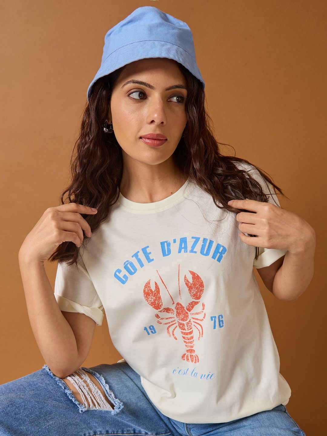 

Mast & Harbour Women Graphic Printed Round Neck Cotton T-shirt, Off white