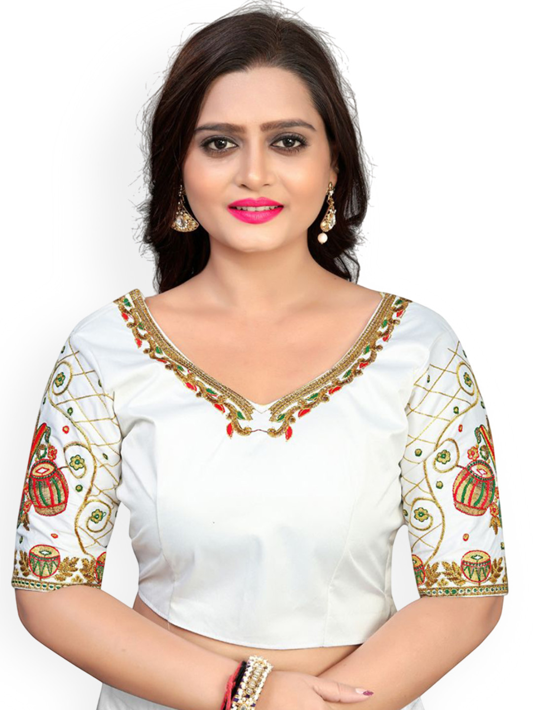 

SILKWEAR Embroidered Satin Silk V Neck Saree Blouse, White