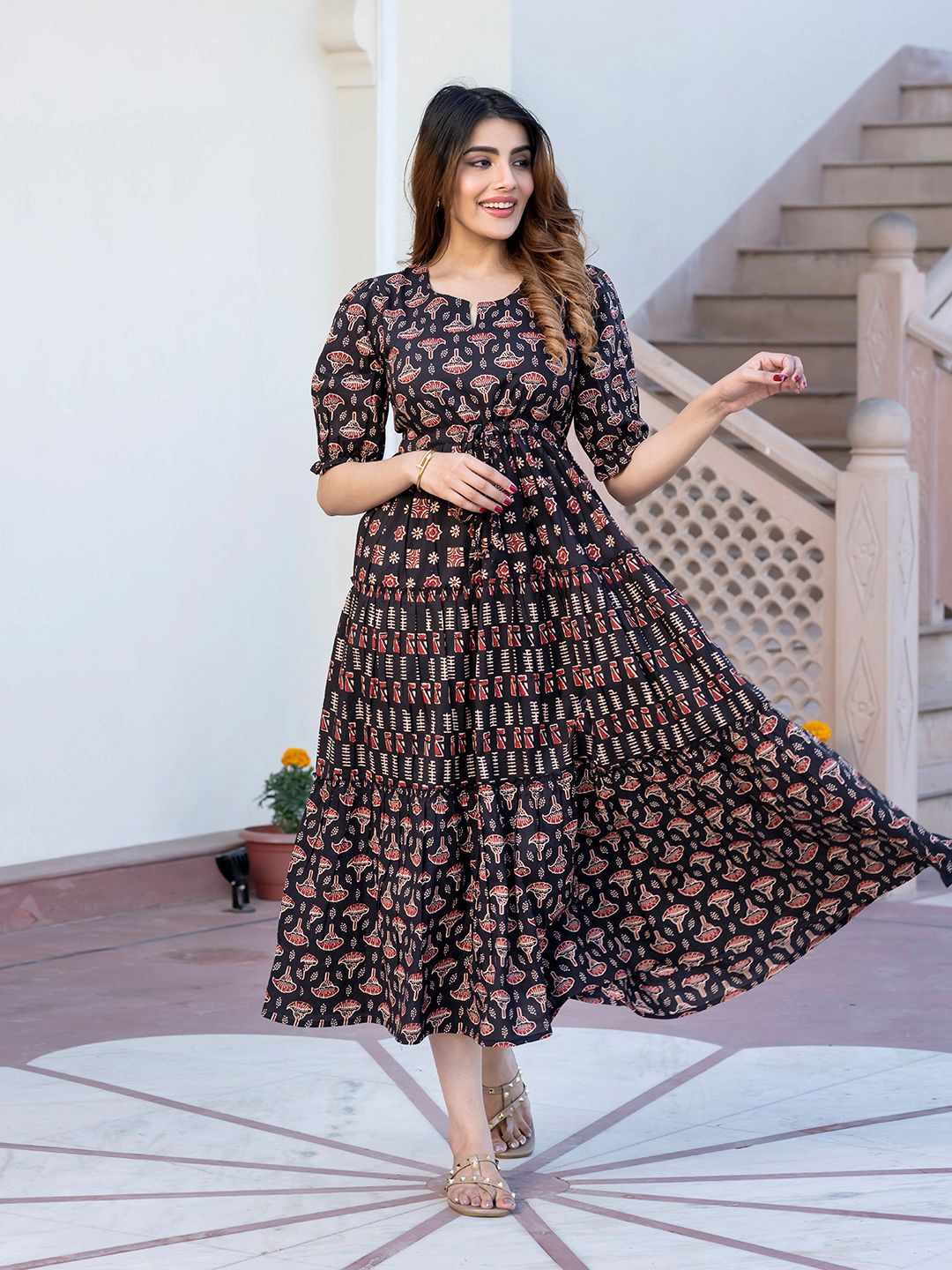 

KALINI Ethnic Motifs Printed Cotton Fit & Flare Midi Dress, Black