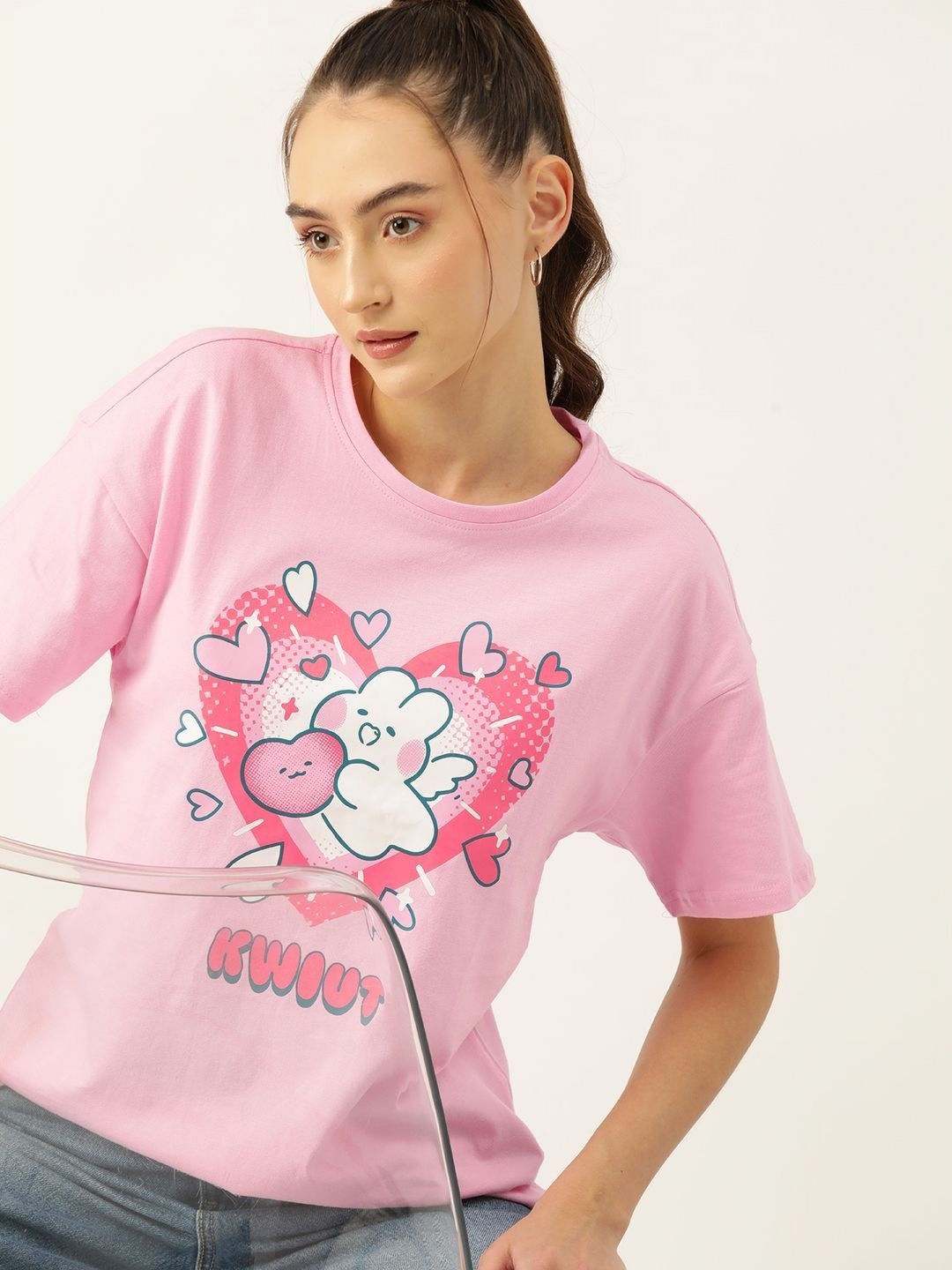

DressBerry Women Graphic Printed Round Neck Cotton Relaxed Fit T-shirt, Pink
