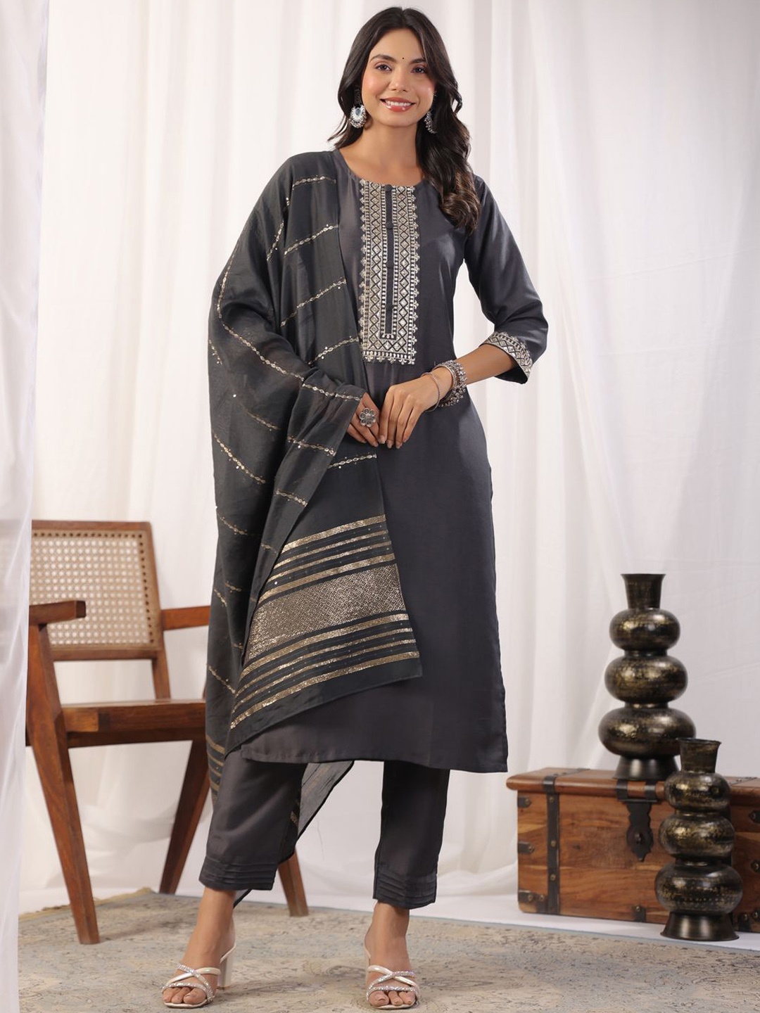 

KALINI Floral Embroidered Sequnnied Round Neck Straight Kurta With Trousers & Dupatta, Grey