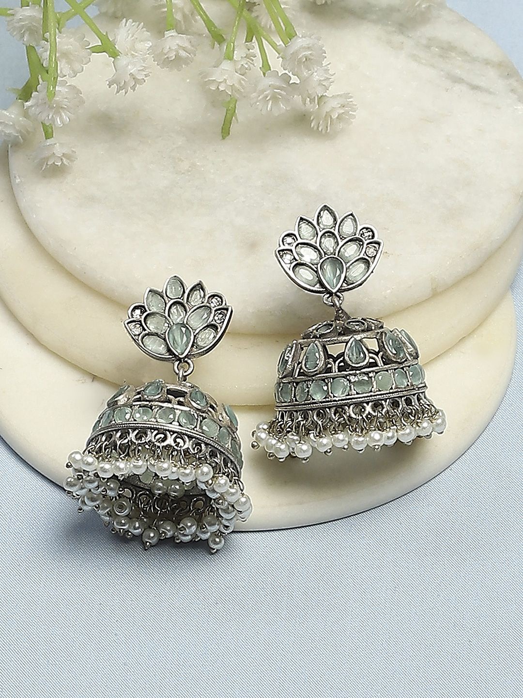 

Biba Brass Silver Plated Contemporary Shaped Jhumkas Earrings