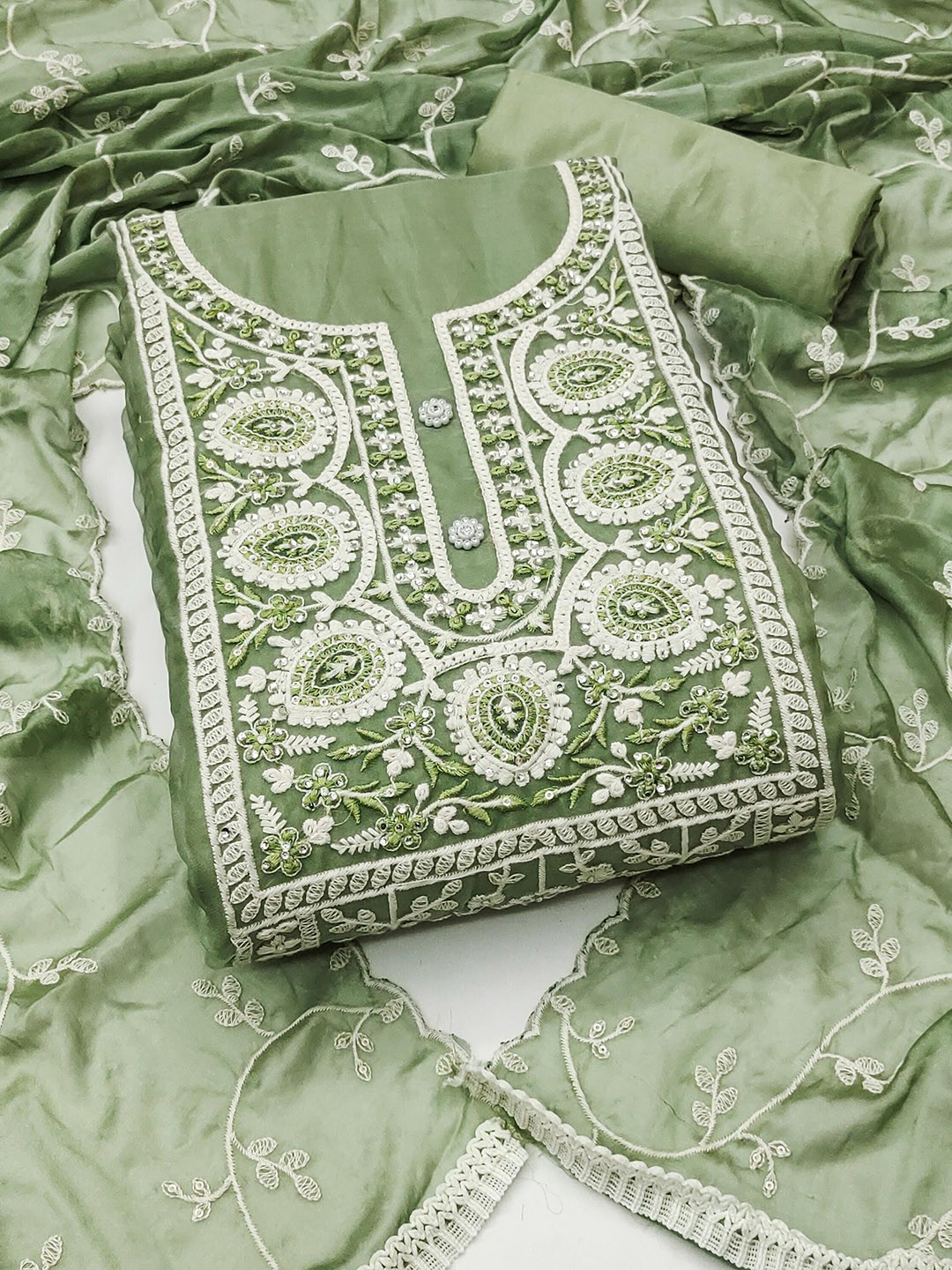 

SAINOOR Floral Embroidered Thread Work Organza Unstitched Dress Material, Green